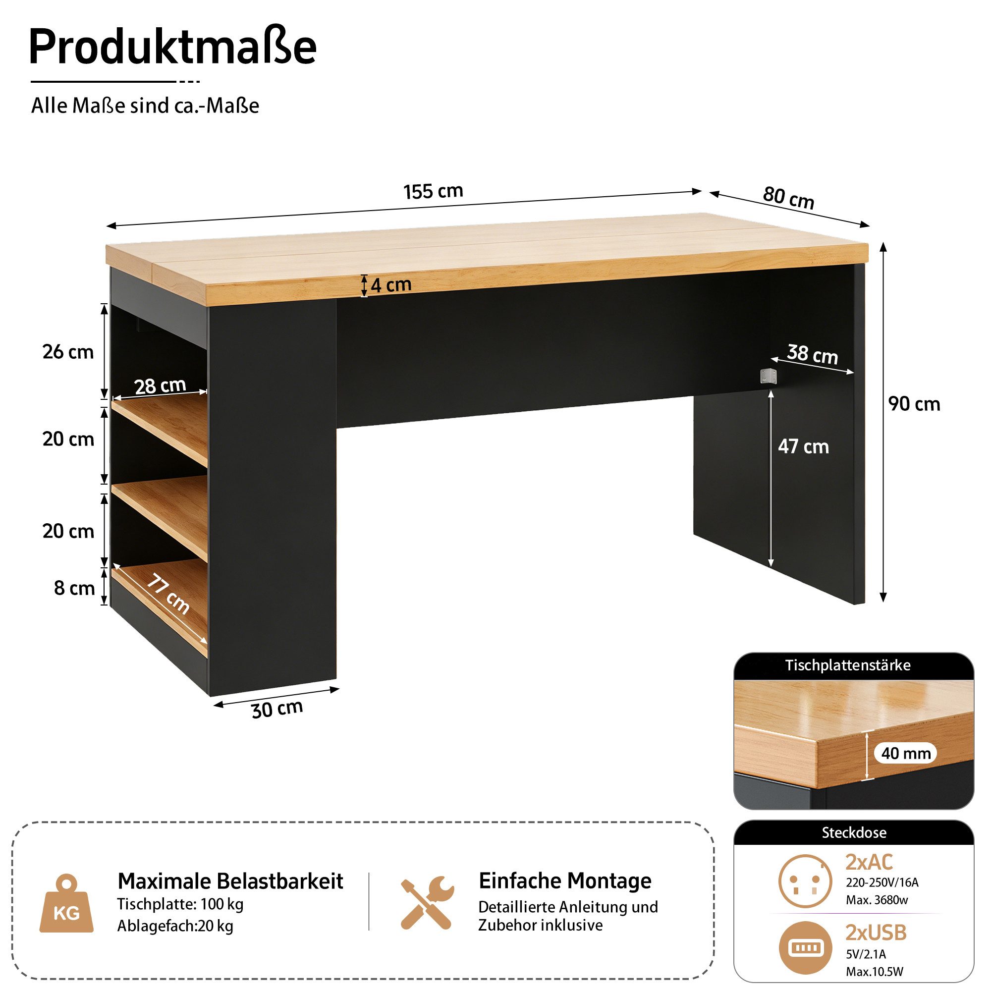 Celya Kücheninsel 155x80x90cm mit LED Beleuchtung und Steckdose, (Küchenblock mit 40mm Arbeitsplatte, 3 offenen Ablagen), mit 2 AC-Steckdosen und 2 USB-Ports