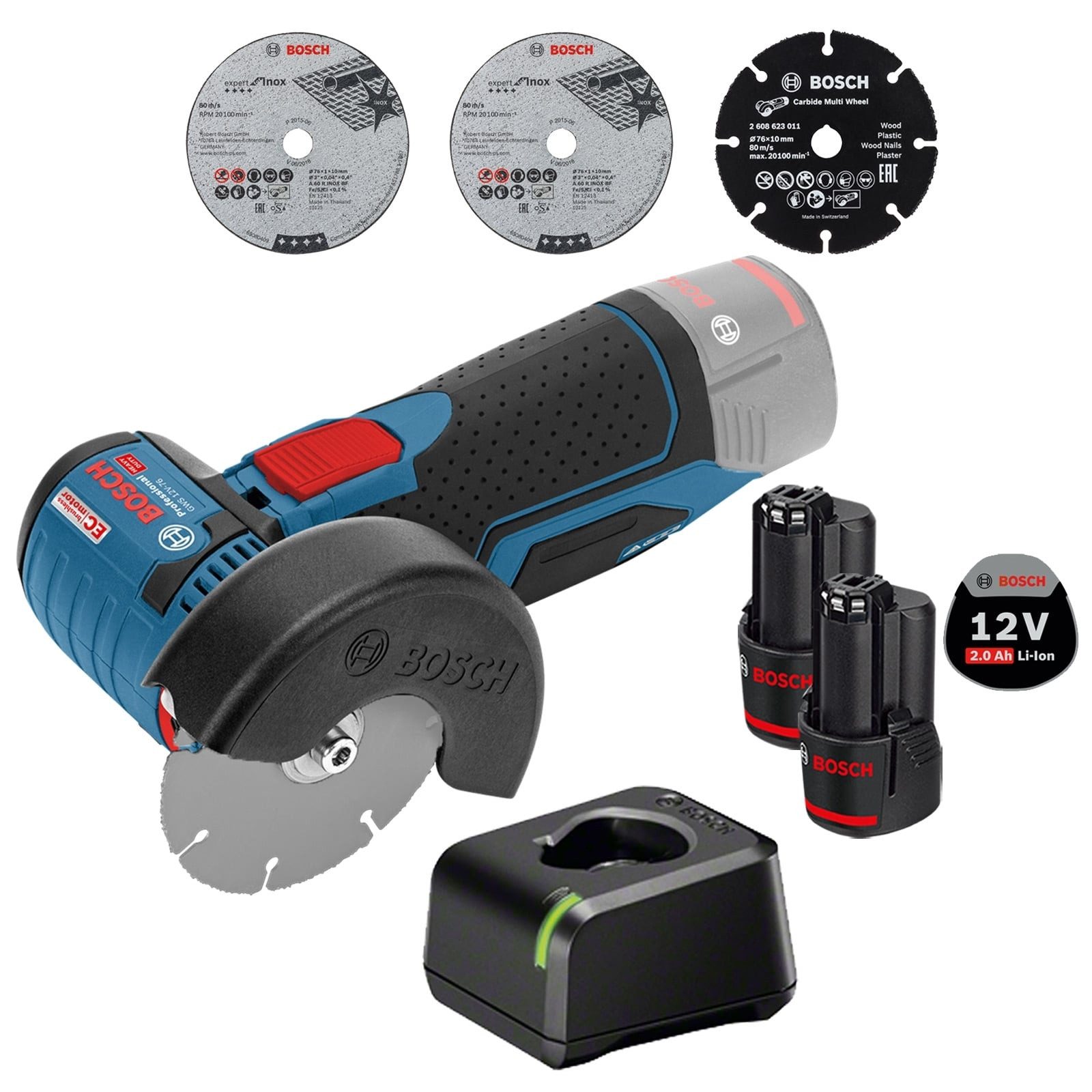 BOSCH Akku-Winkelschleifer Bosch Akku-Winkelschleifer GWS 12V-76 Ø 76 mm / 2x 2,0 Ah Akku + Ladeg