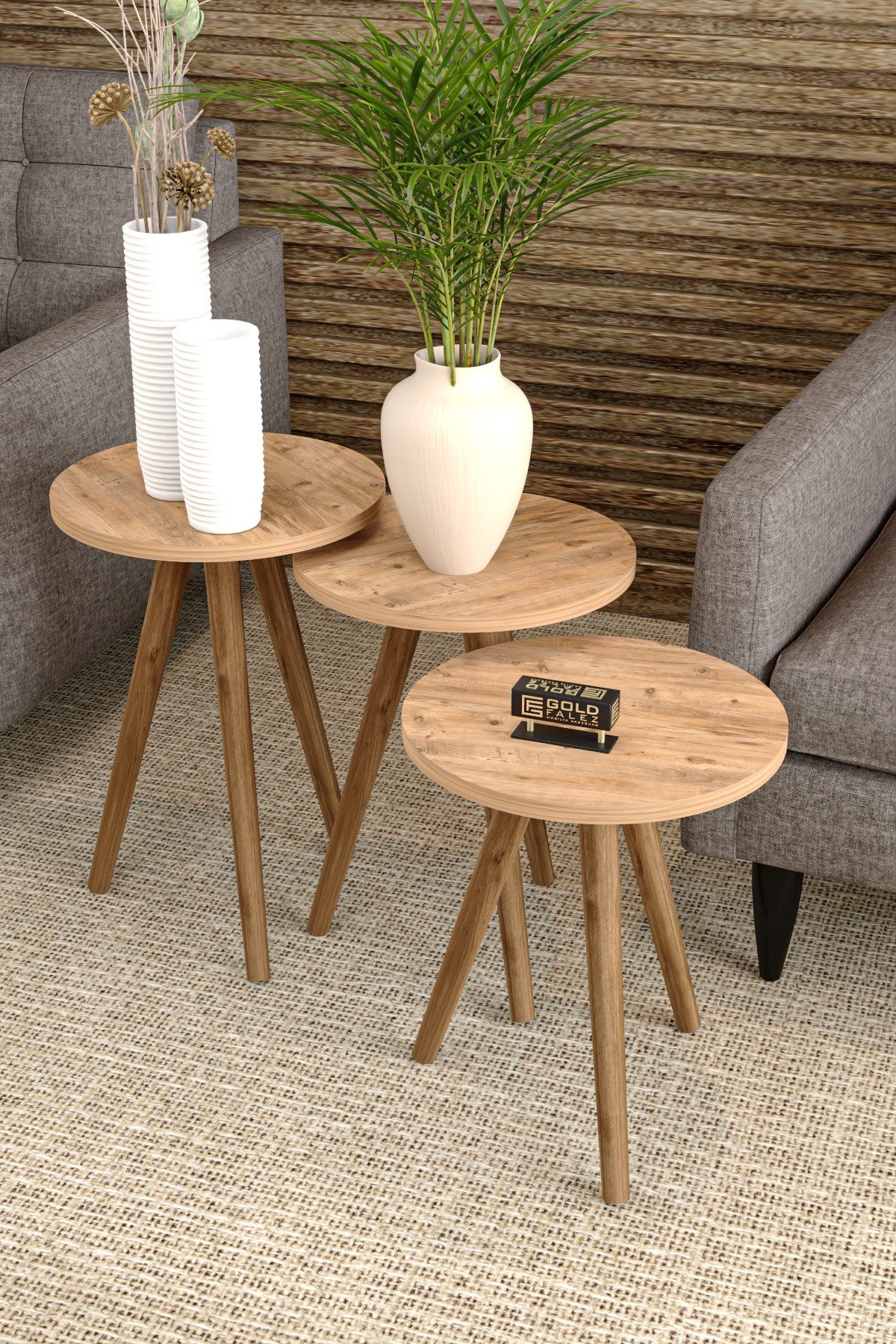 en.casa Couchtisch (3-St), 3-tlg. Satztische, runde Platte, Holzbeine 89322 günstig online kaufen