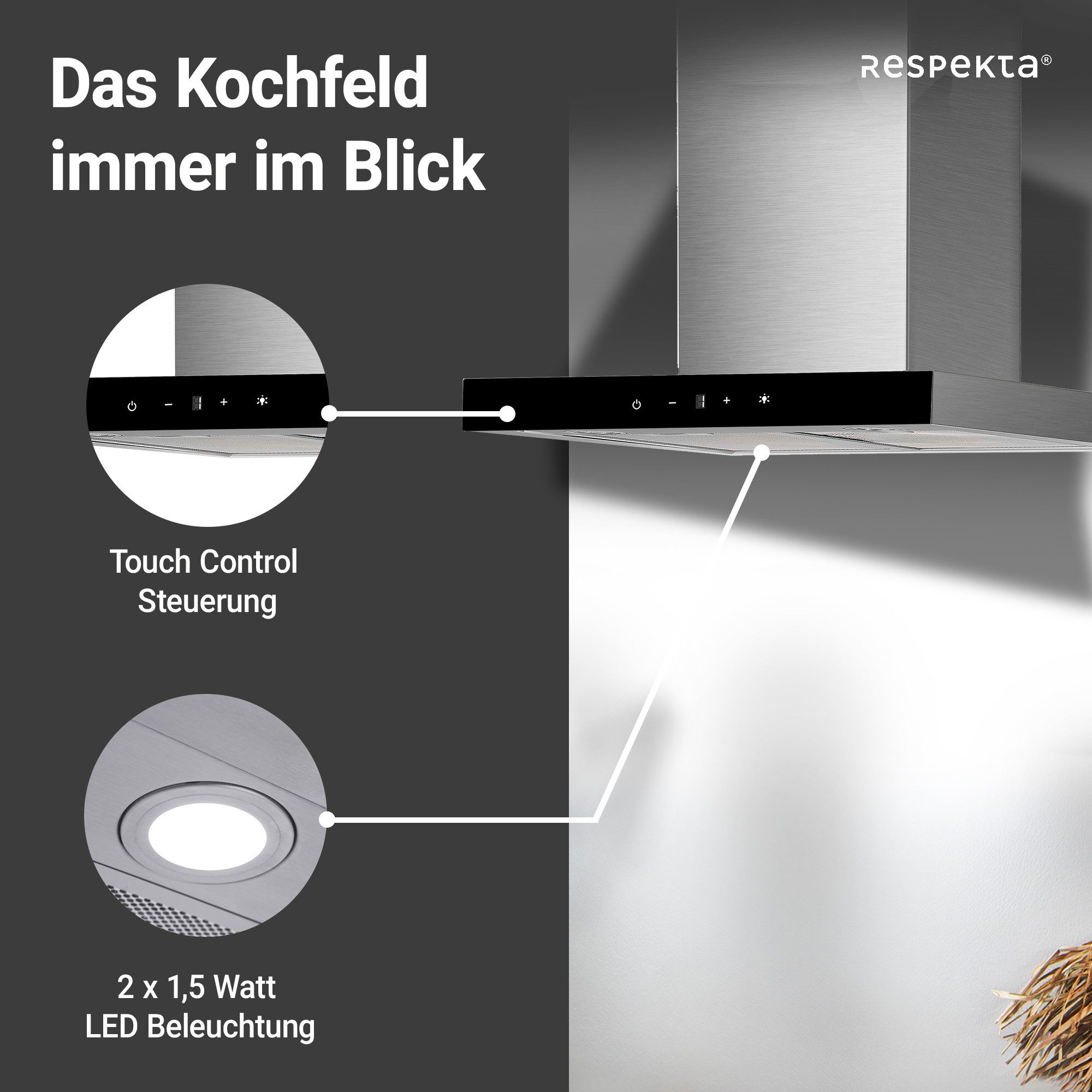 RESPEKTA Deckenhaube Sira Serie CH44160G-20 Sira, EEK: A++; 9 Leistungsstufen; LED Beleuchtung
