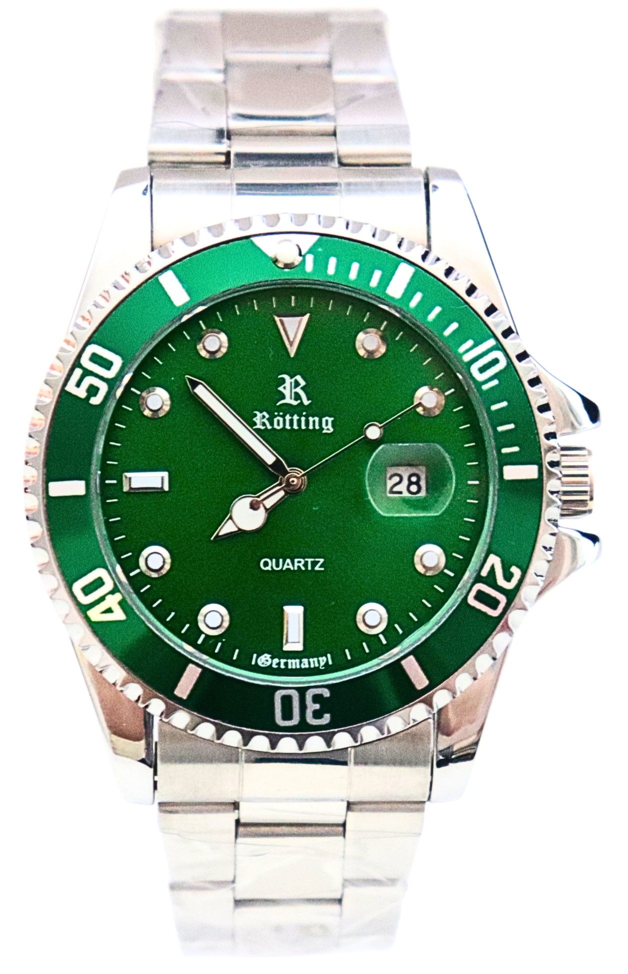 Rötting Design Quarzuhr Herrenuhr Armbanduhr Edelstahl grünes Ziffernblatt DATUM, grüne Lünette drehbar, aus der Collection "Rötting"