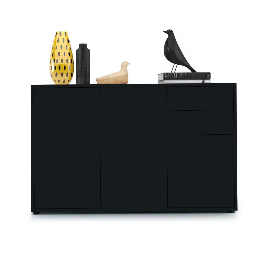 Vladon Kommode Ben V3 (Kommode, mit 3 Türen und 2 Schubladen), Schwarz matt/Schwarz matt (117 x 74 x 36 cm)