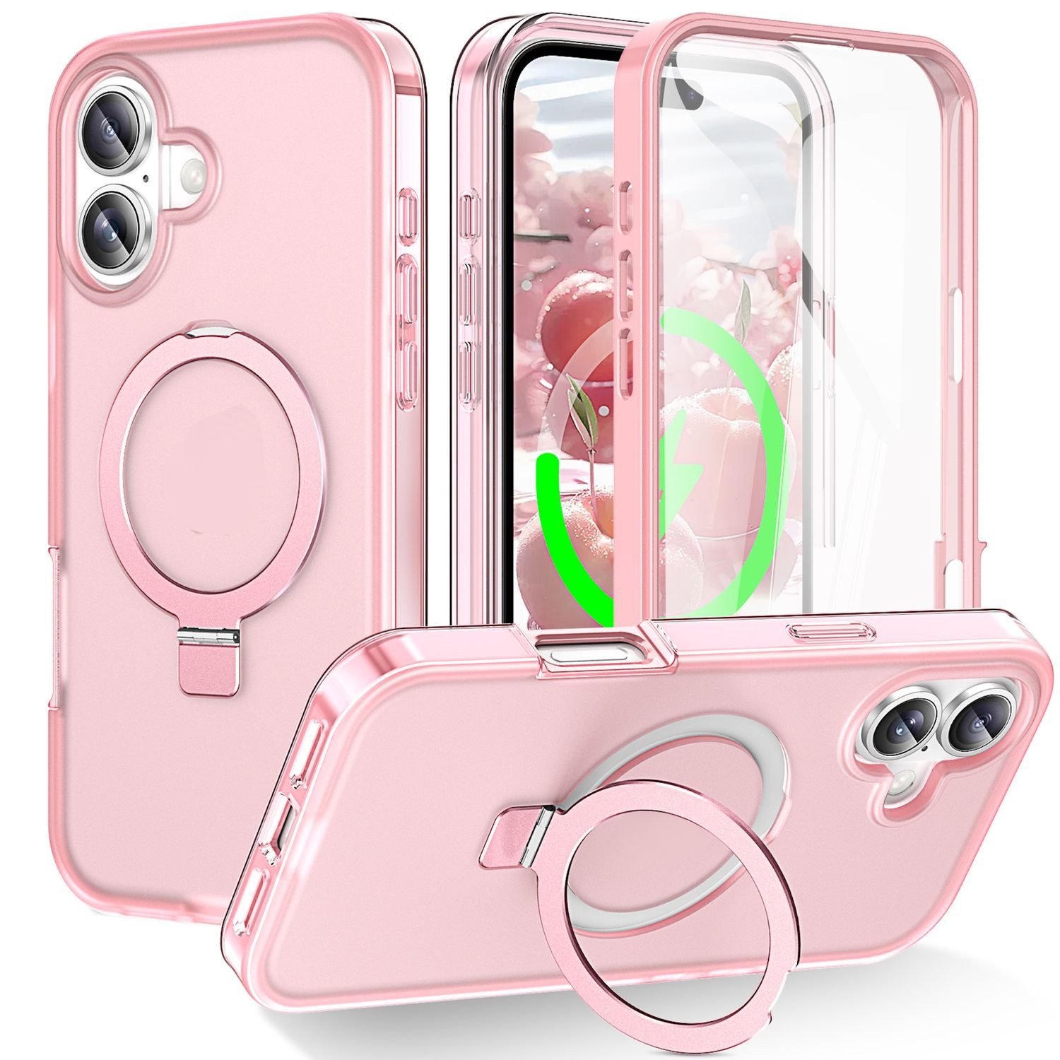 Wigento Handyhülle Für Apple iPhone 17 Skin Feel MagSafe Ring Halter 360 Grad Hülle Rosa, 360 Grad MagSafe Frosted Skin Feel Hülle