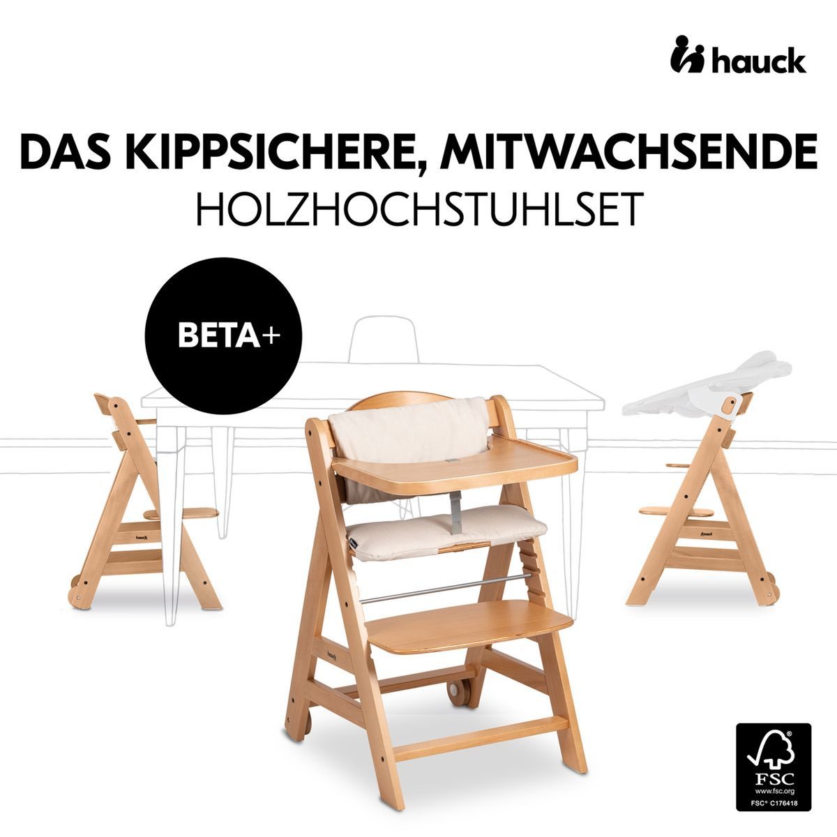 Hauck Hochstuhl Beta Plus Natur - Newborn Set Deluxe, Holz Babystuhl ab Geburt, Aufsatz für Neugeborene, Sitzkissen, Tisch