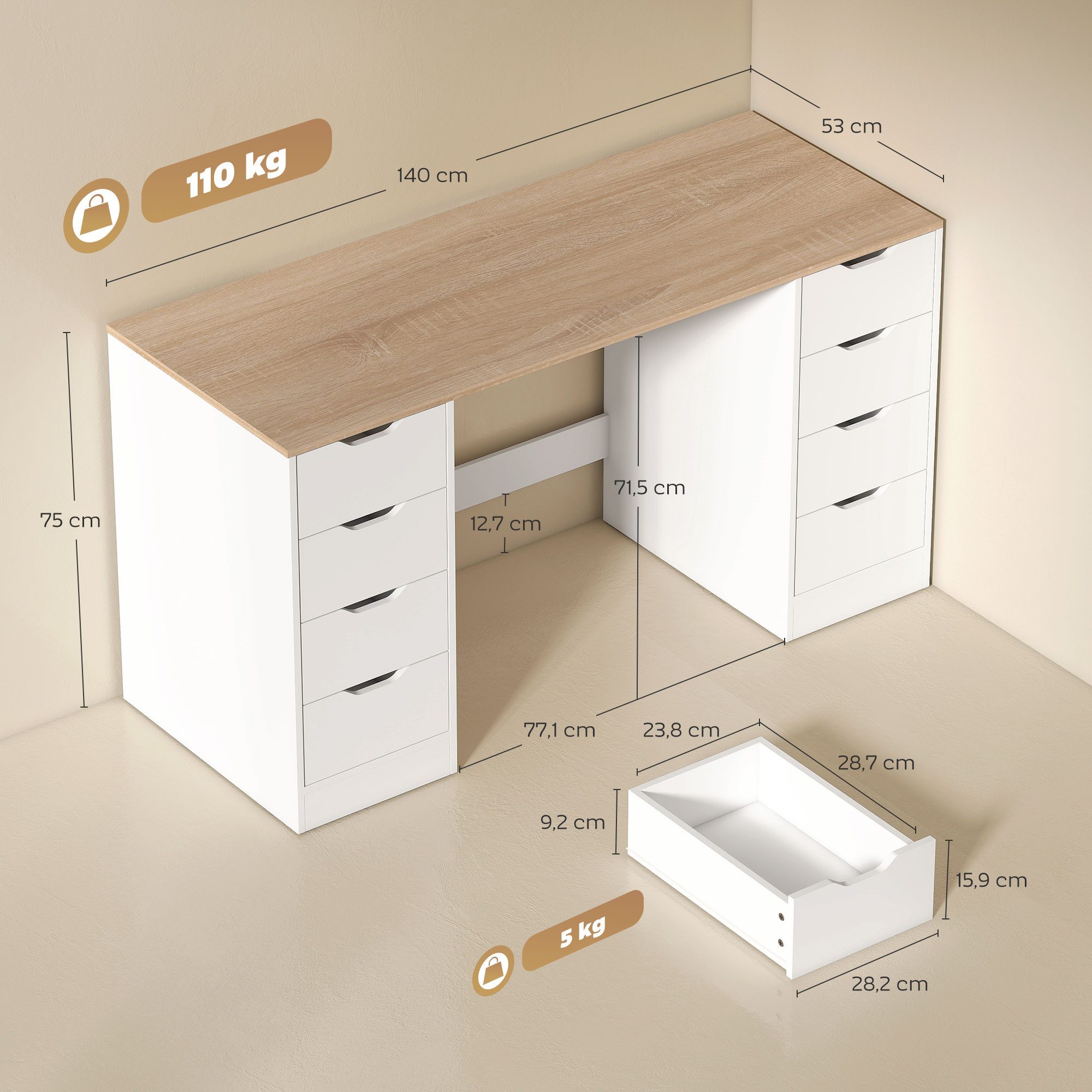 HOMCOM Schreibtisch Bürotisch mit 8 Schubladen 140 x 53 x 75 cm Moderner Tisch (Computertisch, 1-St., Arbeitstisch), für Arbeitszimmer, Wohnzimmer, Weiß