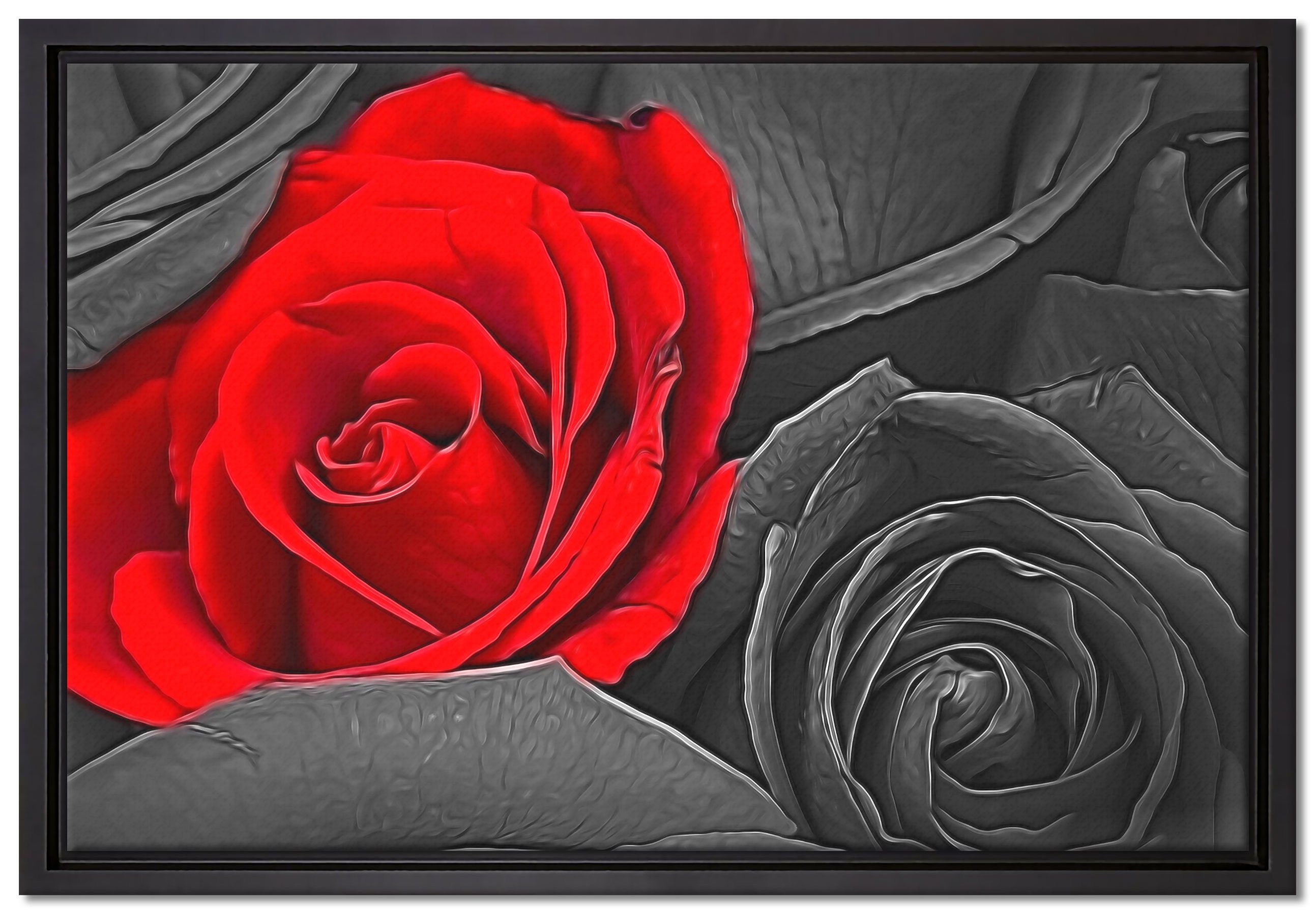 Pixxprint Leinwandbild romantische rote Rosen, Wanddekoration (1 St), Leinwandbild fertig bespannt, in einem Schattenfugen-Bilderrahmen gefasst, inkl. Zackenaufhänger