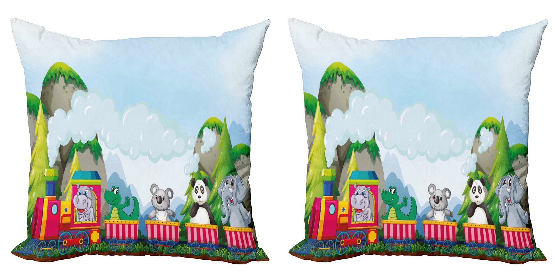 Kissenbezüge Modern Accent Doppelseitiger Digitaldruck, Abakuhaus (2 Stück), Kindergarten Cartoon Tiere auf Zug
