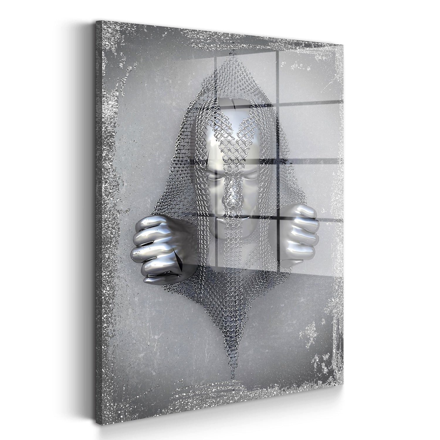Artedinoi Acrylglasbild Metallfigur Ketten Acrylglasbild Wandbild Abstrakt Silber Modern XXL, Eine abstrakte Metallfigur aus Kettengliedern wirkt kraftvoll und ausdrucksstark.