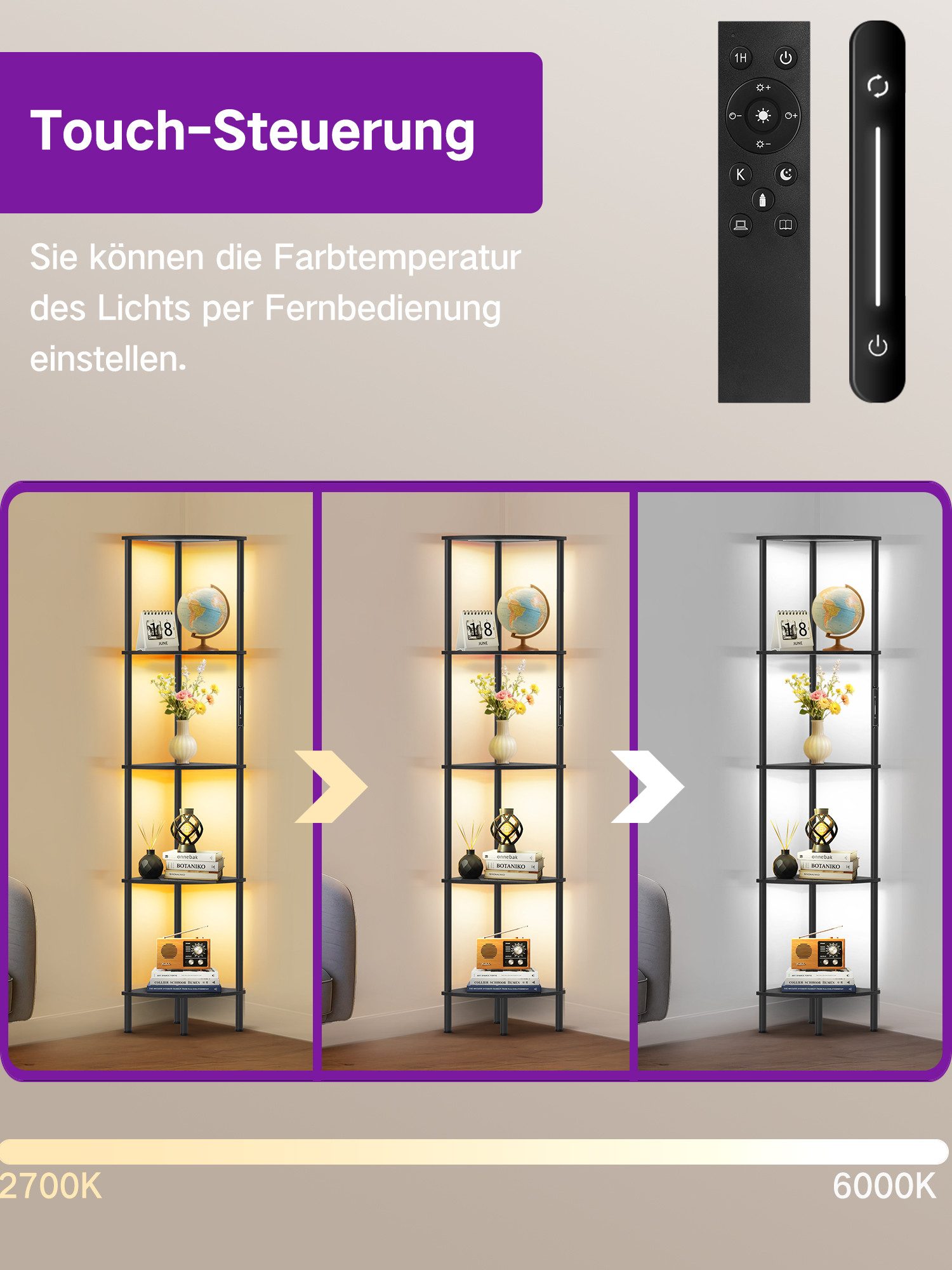 OUTON Stehlampe LED-Bücherregal im Vintage-Stil, 5 Ebenen, dimmbar, 3000K–6500K, gelb/schwarz – Bild 5 von 5