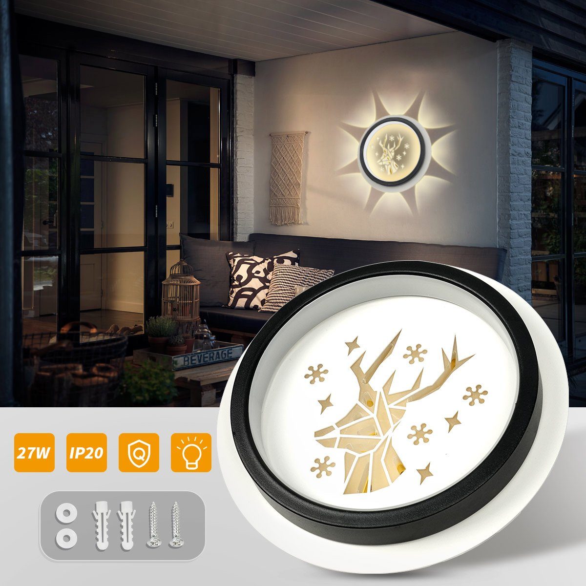 MULISOFT LED Wandleuchte, 27 W Modern Wandleuchte, Sikahirsch Design, 3000 K