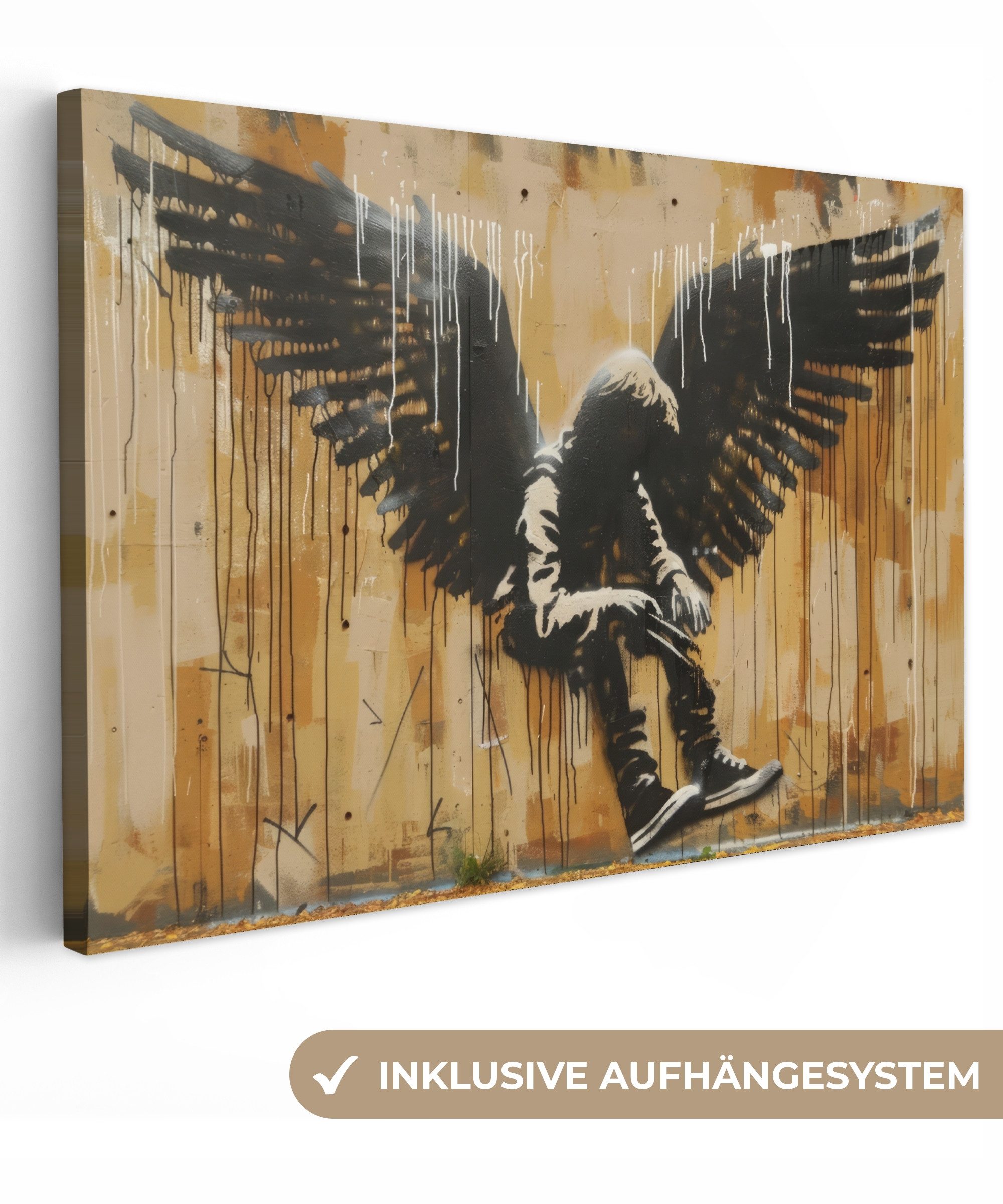 OneMillionCanvasses® Leinwandbild Graffiti - Kunst - Flügel - Straßenkunst - Banksy Style, Fotodruck (1 St), Leinwand Bilder Klein, Wand Dekoration Aesthetic 30x20 cm