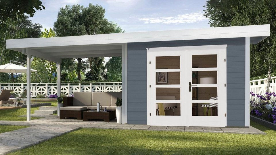 weka Gartenhaus Designhaus 126 Plus, BxT: 645x377 cm, (Set), mit Anbaudach,  Außen in Wetterschutzfarbe grau lasiert