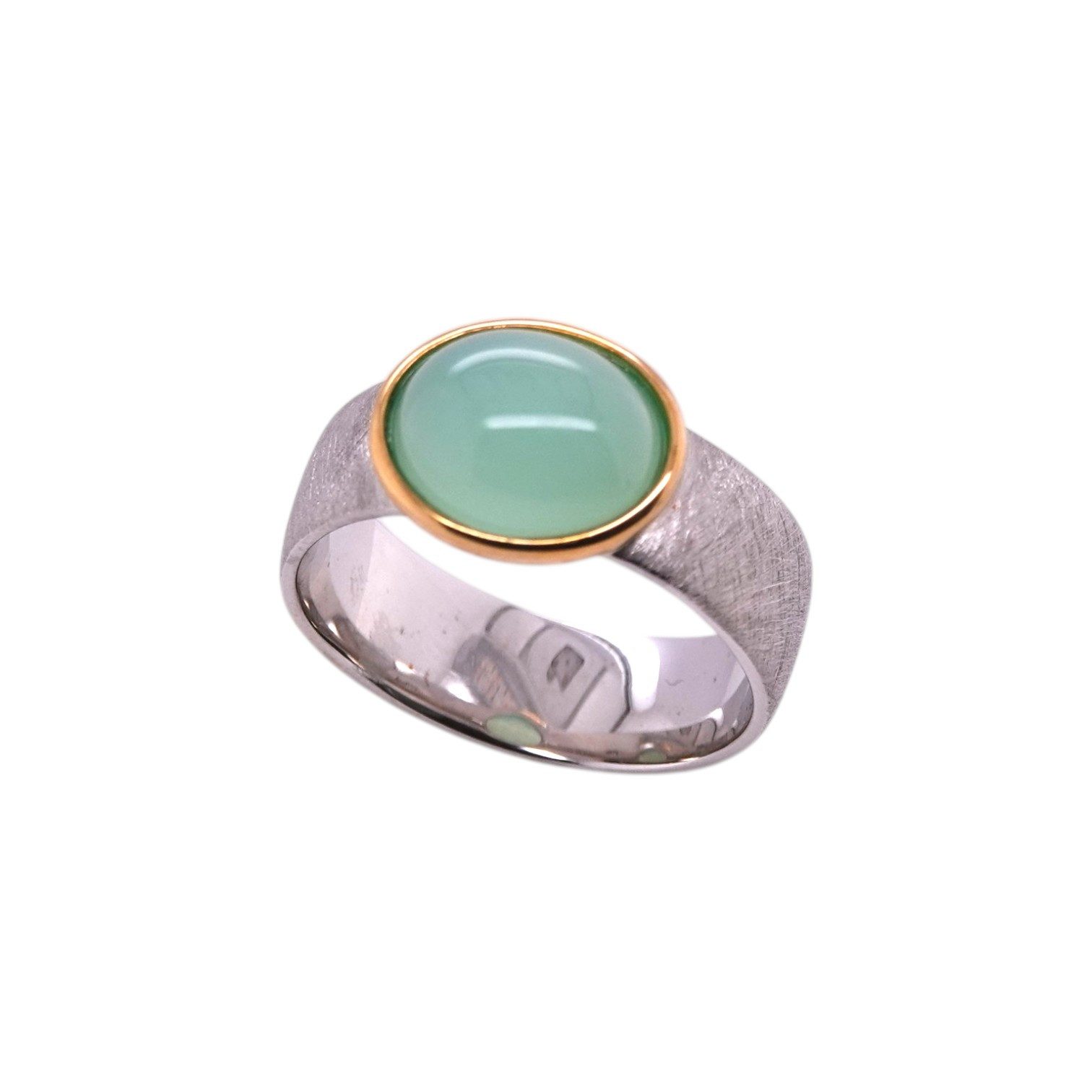 Sogni d'oro Fingerring Ring mit Chrysopras, Silber 925, mattierte Ringschiene, vergoldeter Ringkopf