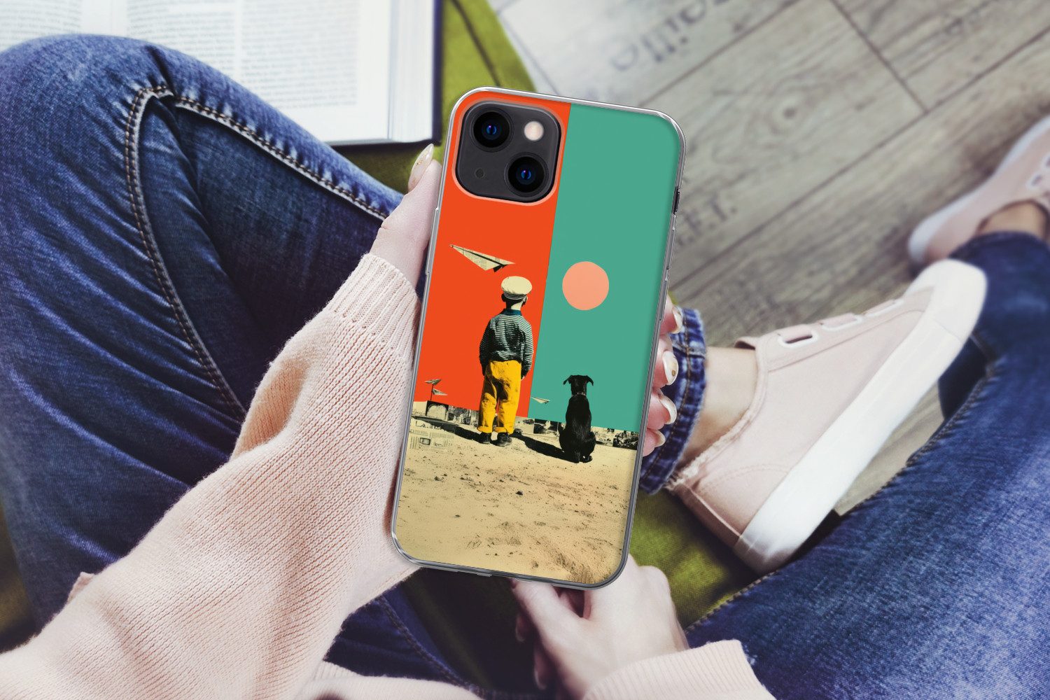 MuchoWow Handyhülle für Apple iPhone 13 Retro - Junge - Hund - Rot - Grün, Smartphone-Bumper, Print, Handy Schutzhülle Dünn