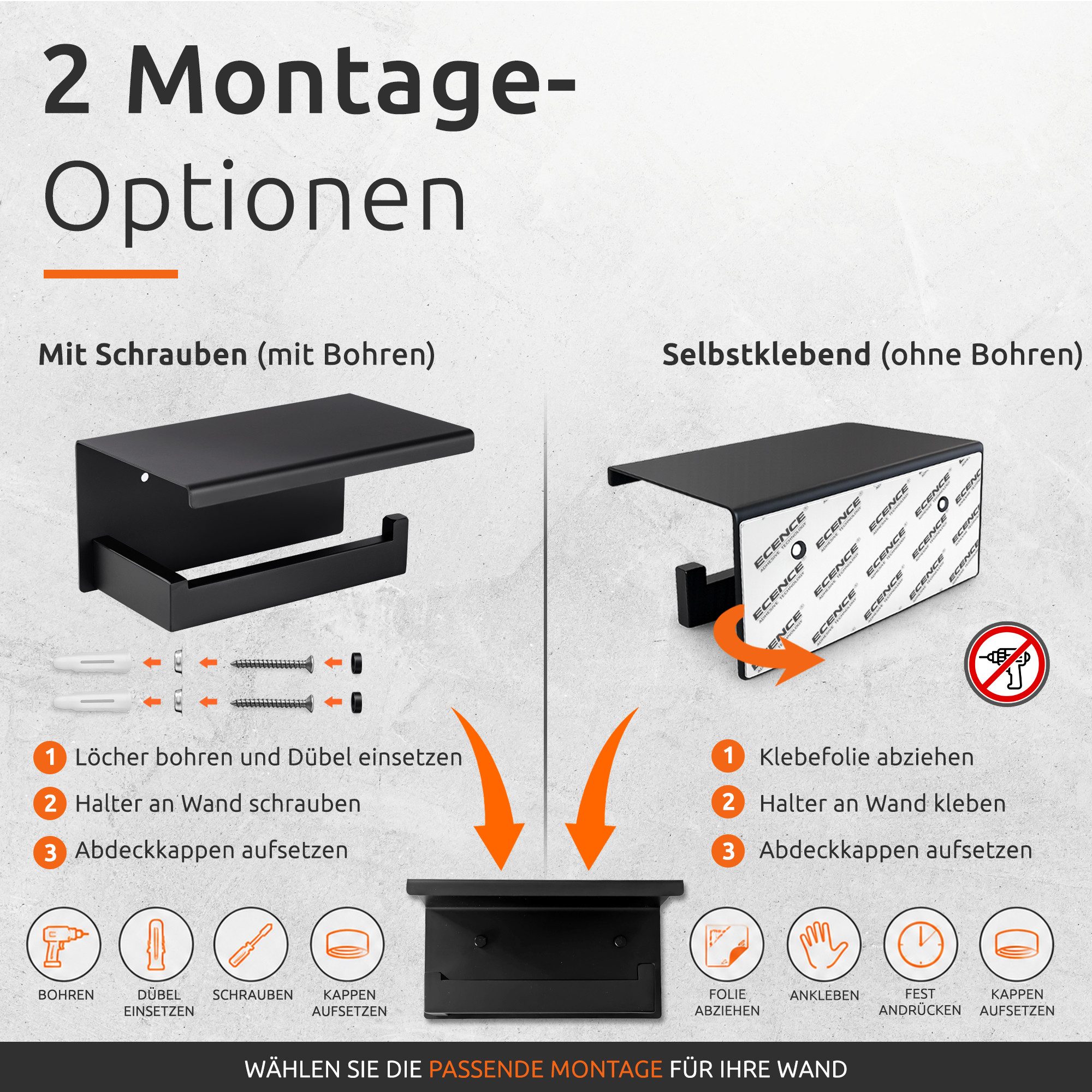 ECENCE Toilettenpapierhalter ohne Bohren selbstklebend Edelstahl 304, mit Ablage zum Kleben oder Schrauben – Bild 5 von 5