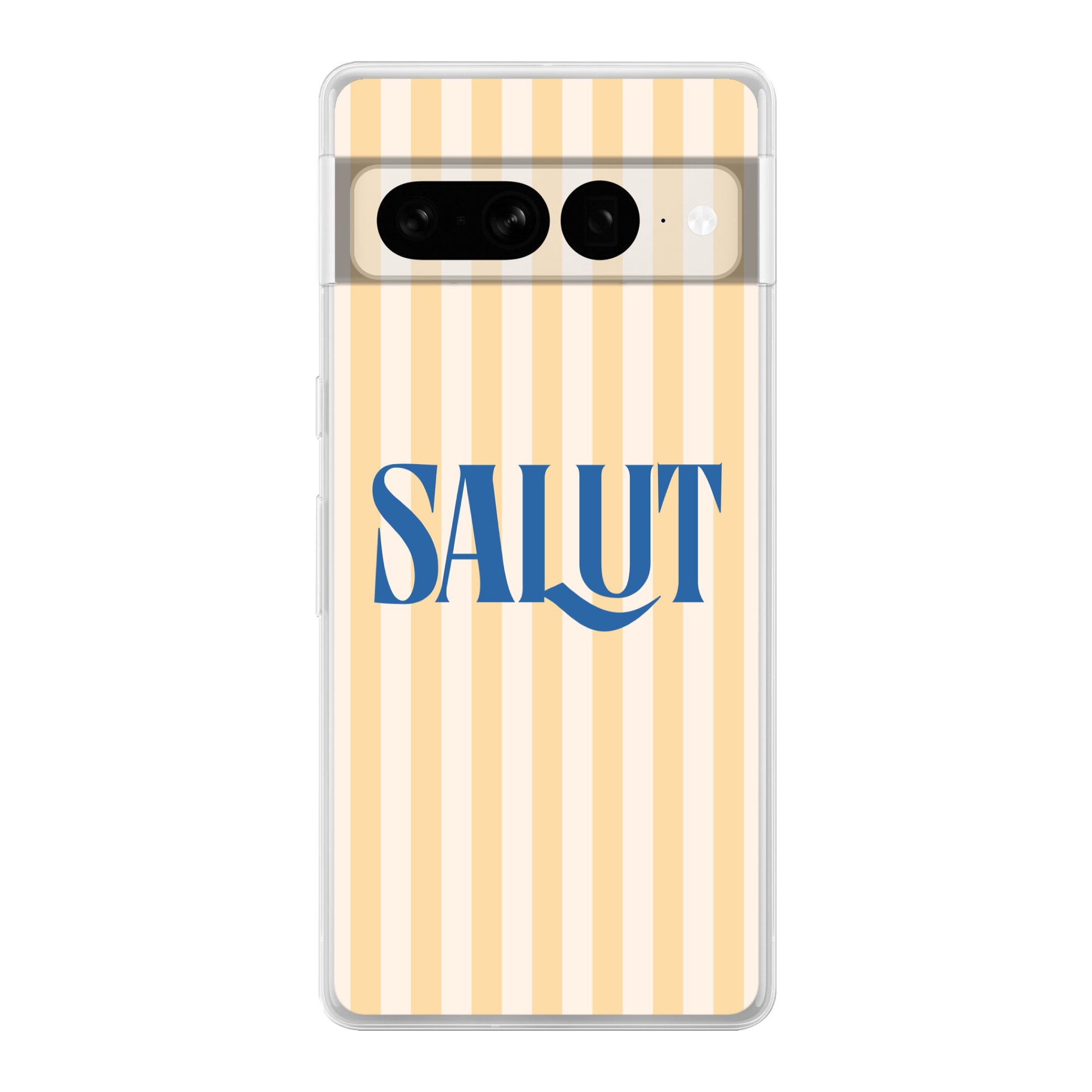 MuchoWow Handyhülle für Google Pixel 7 Pro Salut - Zitat - Streifen - Gelb - Blau - Weiß, Phone Case, Silikon, Schutzhülle Dünn