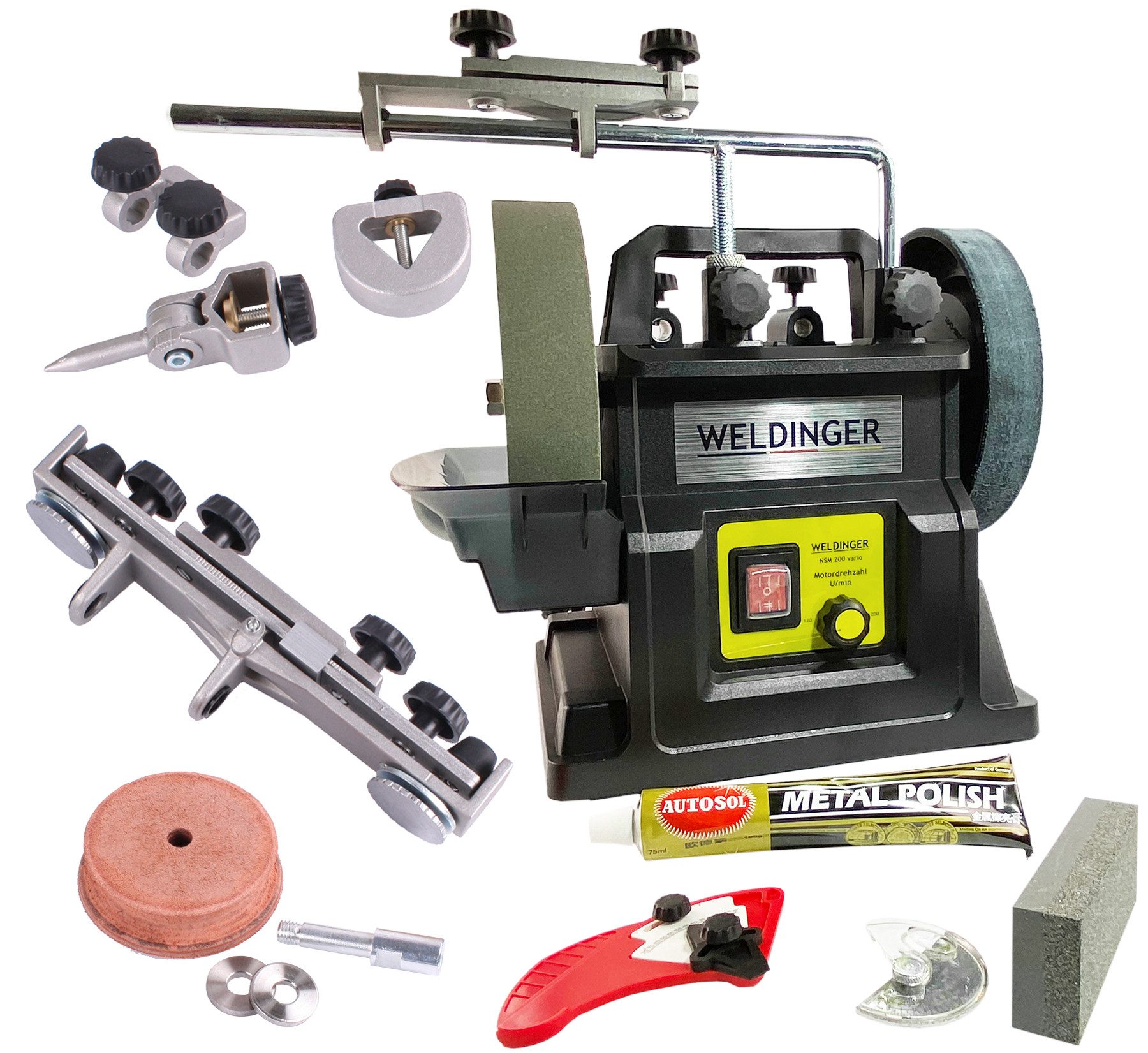 WELDINGER Nass-Trockenschleifer Aktionsset Naßschleifer NSM-200 vario 5-teiliges Schreinerset SRS-23, max. 200 U/min, (Set, 8 tlg., Schreinerset), laufruhiger Elektromotor, höhenverstellbarer Wasserbehälter