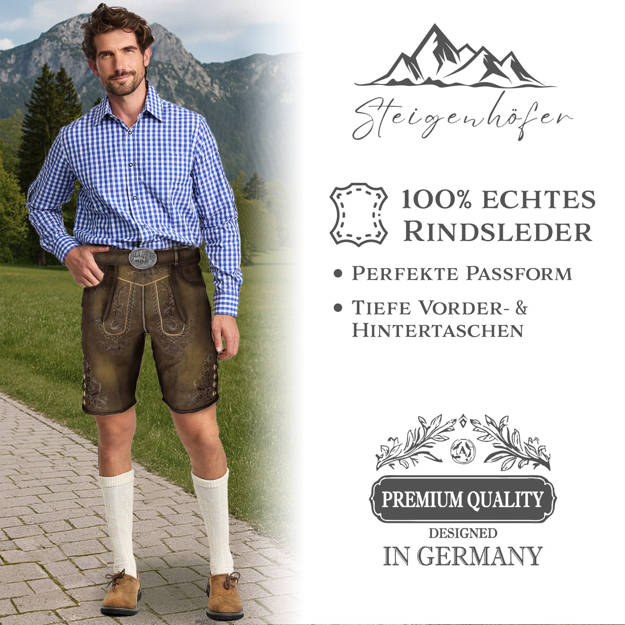 Steigenhöfer Manufaktur Trachtenlederhose FRANZ Vintage Trachtenhose mit Gürtel Nubukleder - Ideal für Dein Oktoberfest Herren Outfit