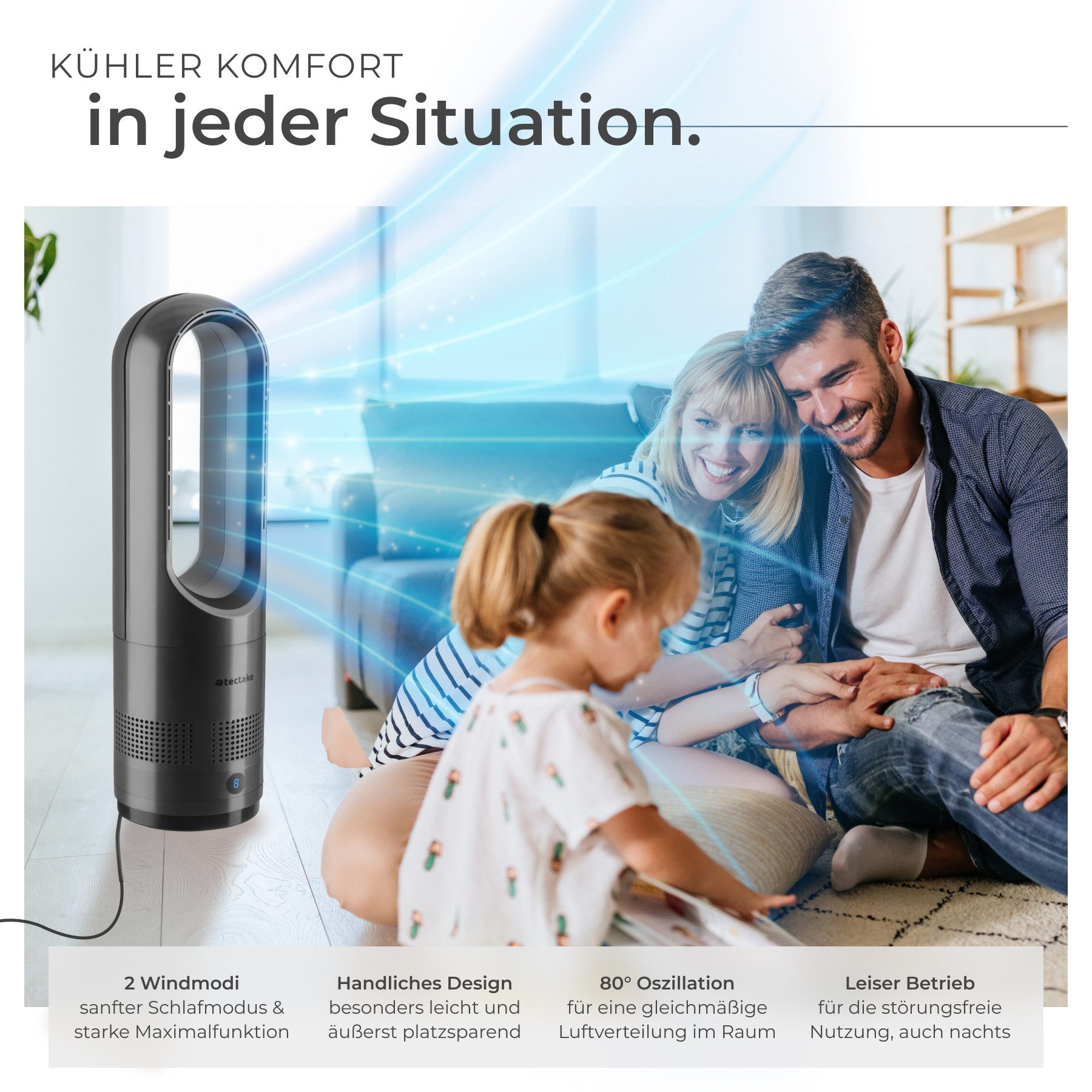 tectake Turmventilator Standlüfter Polar in anthrazit, 14,5 x 55,5 cm, Inkl. Fernbedienung, 80° Oszillation, 20 W, Schlafmodus, mit Timer-Funktion, LED-Bedienfeld