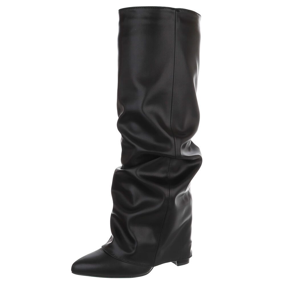 Ital-Design Damen Kniehohe Stiefel in Leder-Optik mit Absatz High-Heel-Stiefel (92125281) Blockabsatz Stiefel in Schwarz