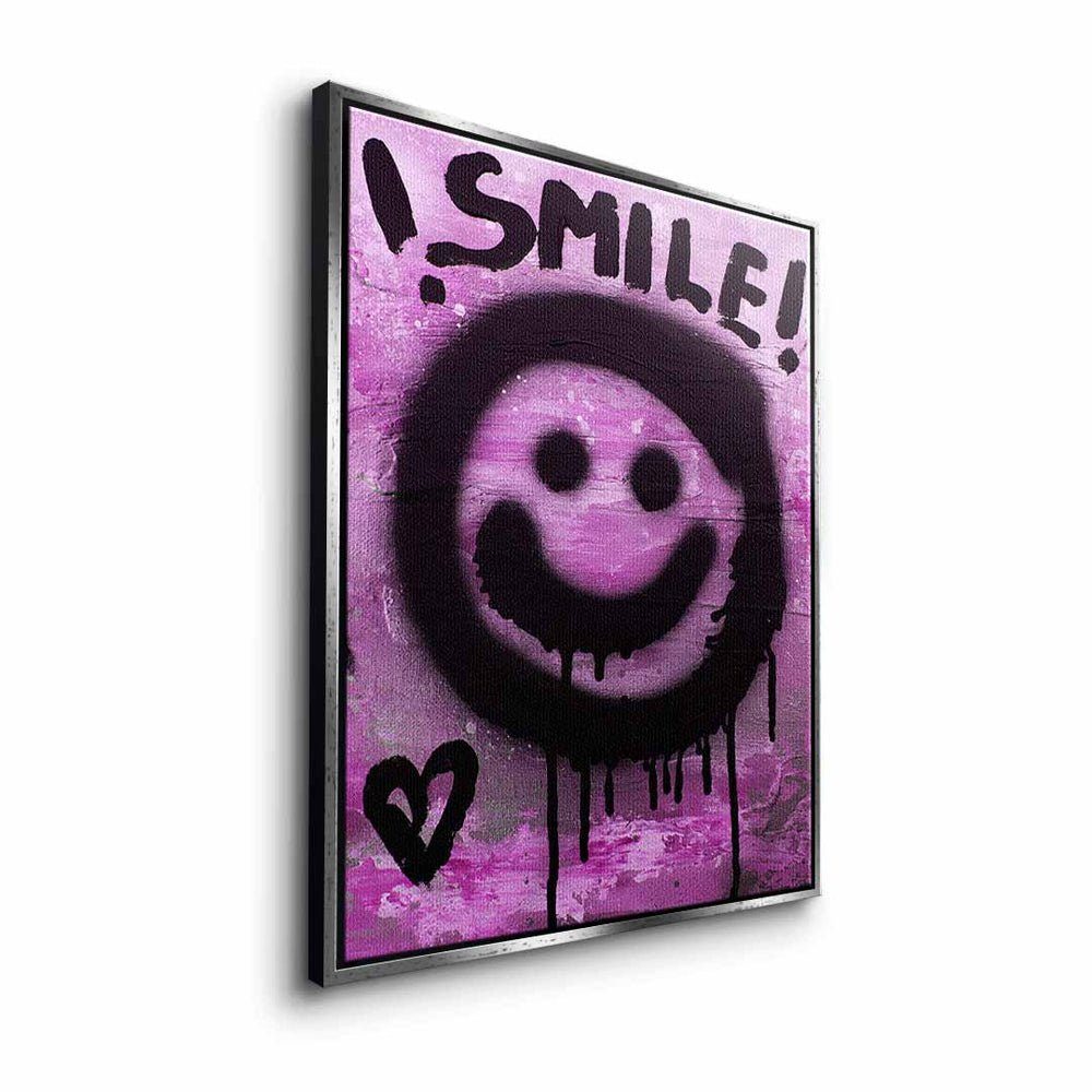 lächle smilie Leinwandbild, Leinwandbild mit lila graffiti emoji DOTCOMCANVAS® Rahmen premi schwarzer schwarz smile