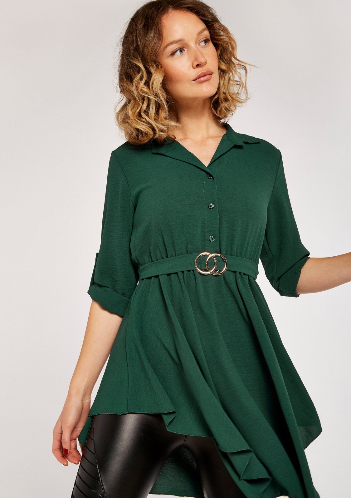 Shirt mit Shirtkleid Bindegürtel) mit Circle Hem grün Hanky Belt Taillengürtel Apricot (1-tlg., Dress