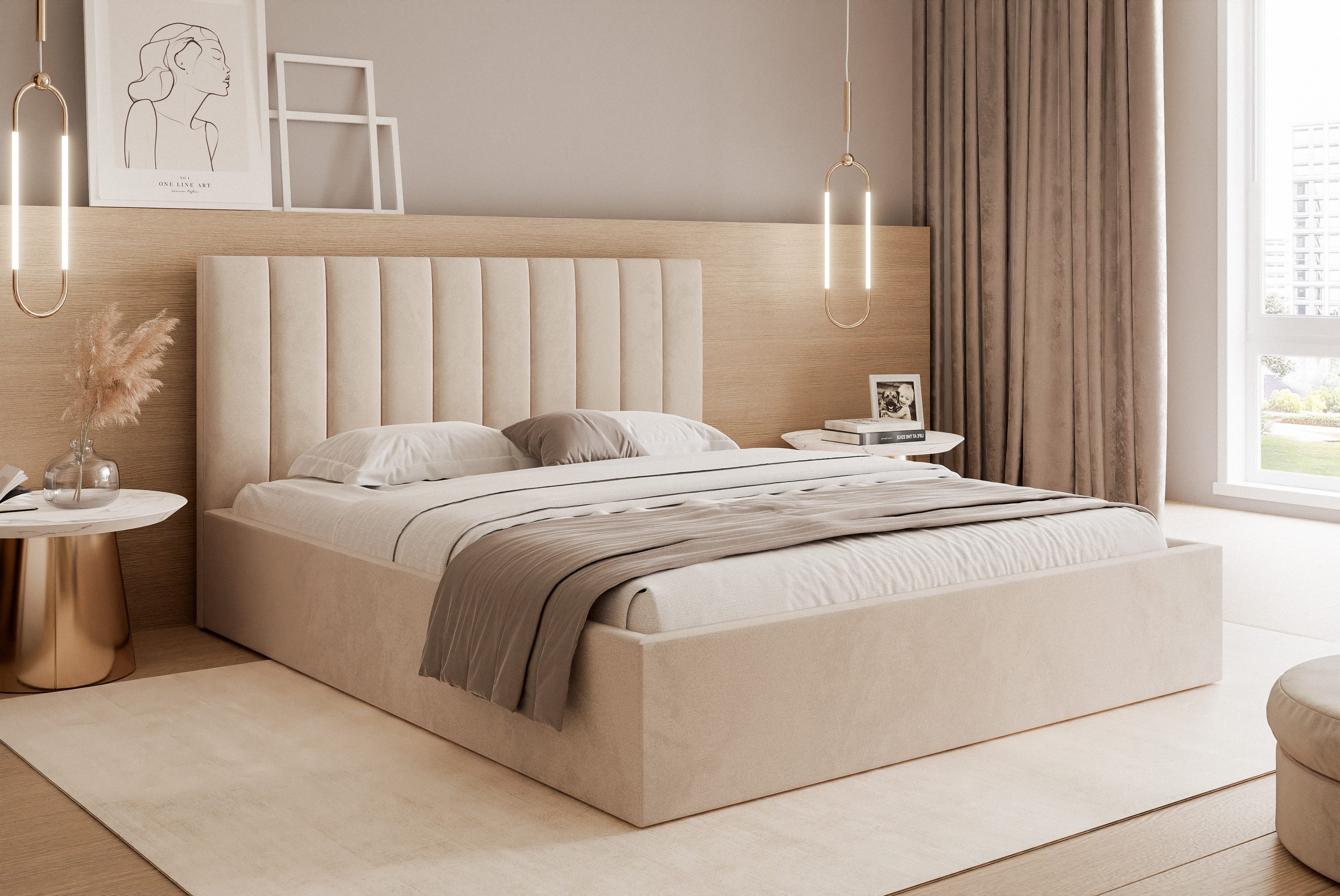 Goldstoff Polsterbett Modernes Bett mit Stauraum günstig online kaufen