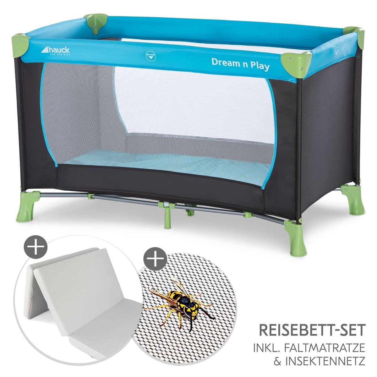 Hauck Baby-Reisebett Dream N Play Set - Waterblue, Kinder Babyreisebett mit Matratze, Moskitonetz & Tasche - faltbar