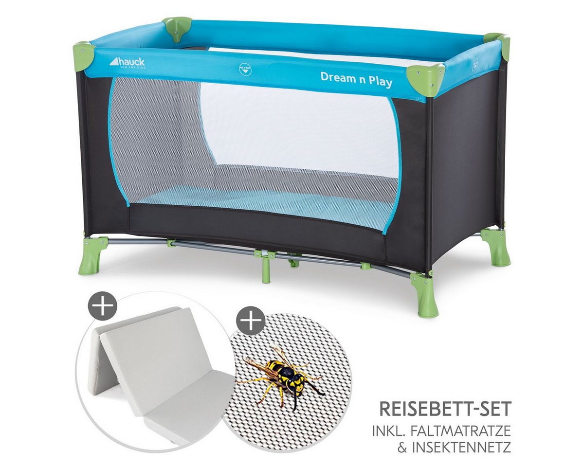 Hauck Baby-Reisebett Dream N Play Set - Waterblue, Kinder Babyreisebett mit Matratze, Insektenschutz & Tasche - faltbar