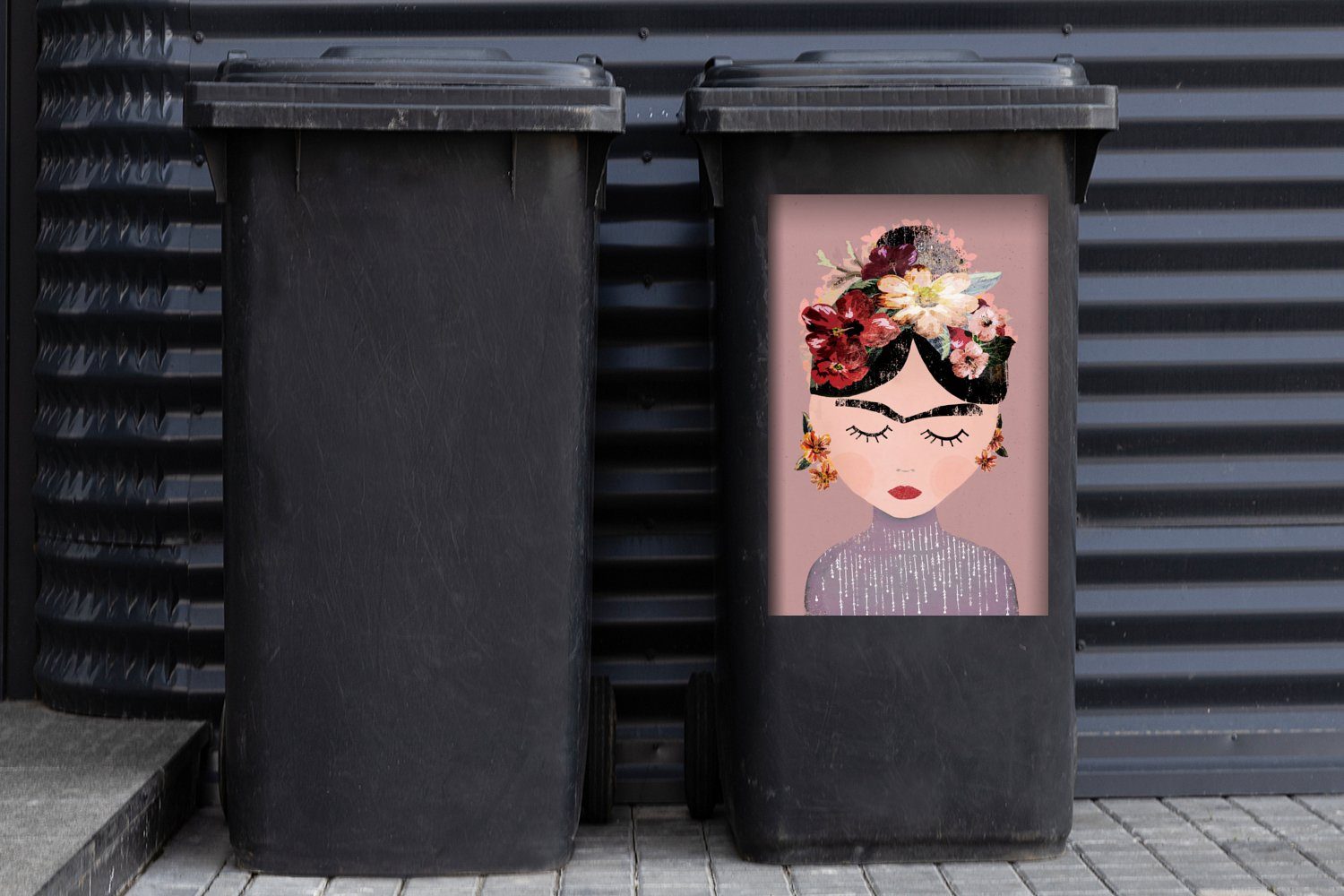 Mülleimer-aufkleber, Pastell St), - Frida MuchoWow Blumen - (1 Sticker, Kahlo - Container, Mülltonne, Wandsticker Frau - Abfalbehälter Kunst