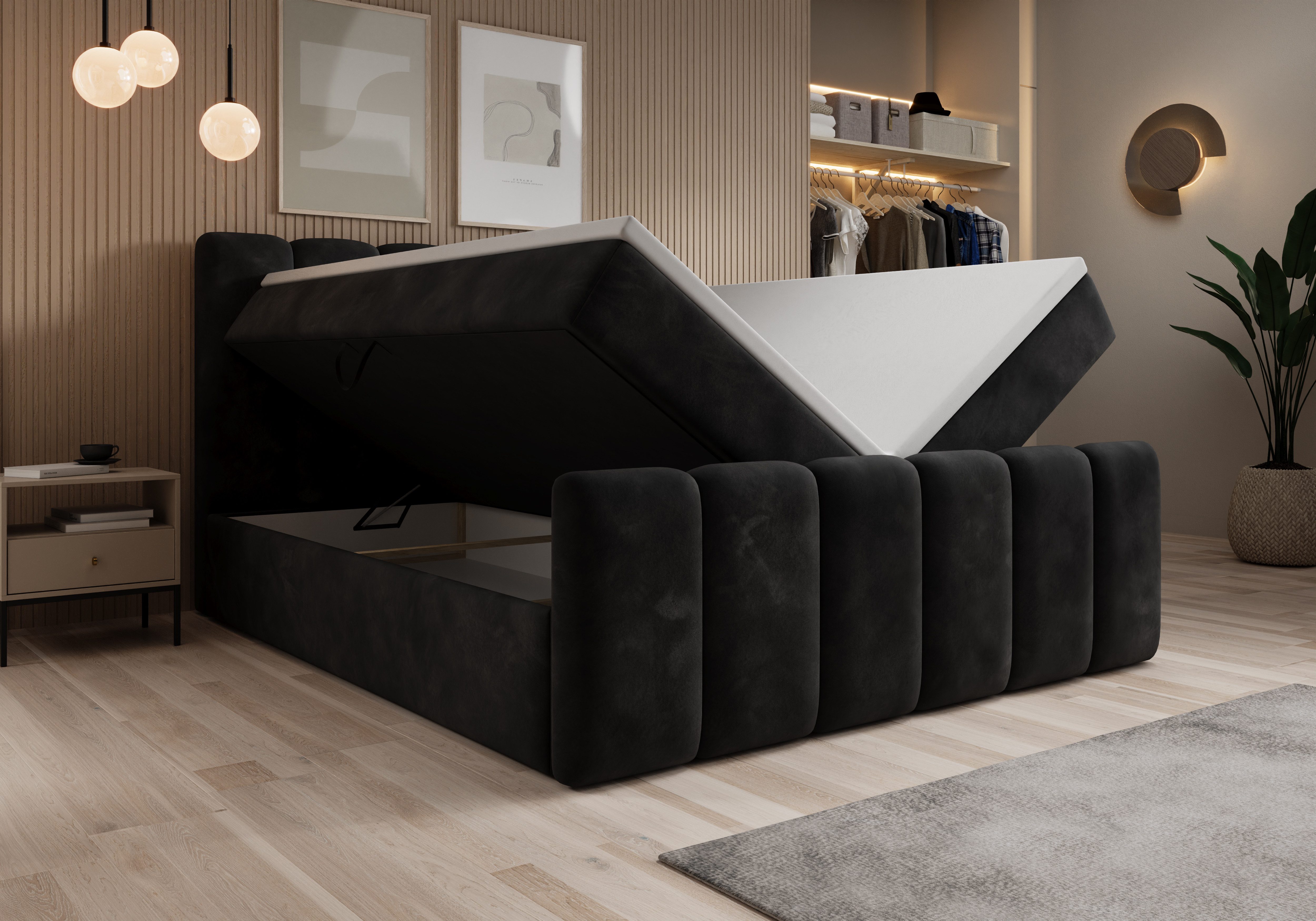 thematys Boxbett mit Bettkasten 140x200–200x200 cm – Velours oder Bouclé Bezug – (Polsterbett Bonnellfederkern Matratze H3 + Gratis 3cm Topper, Boxbett - Luxus  – Bild 3 von 5