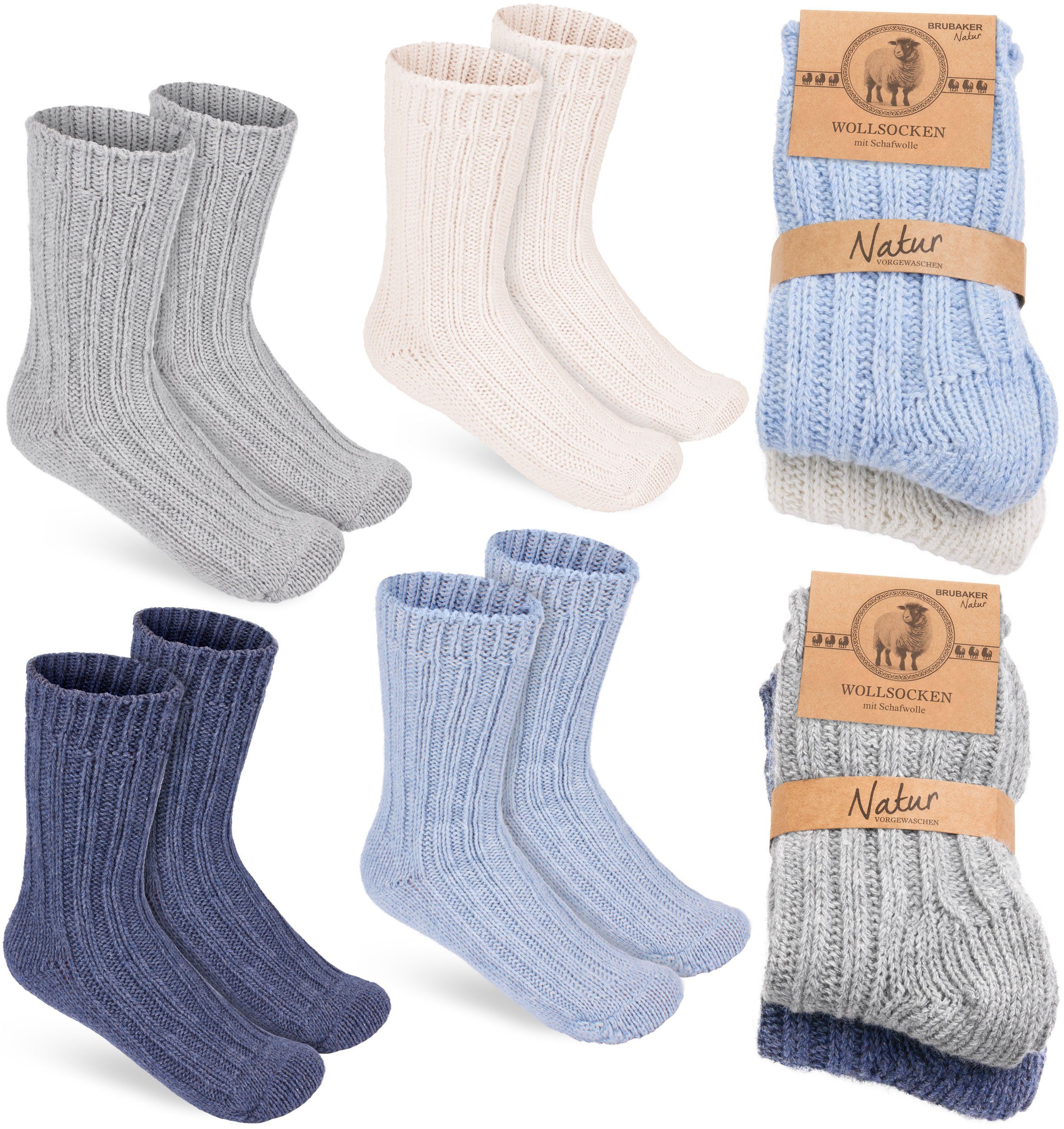BRUBAKER Socken Kinder Wollsocken - Warme Wintersocken für Jungen und Mädchen (4-Paar, 4er-Pack) Flauschiges Socken Set mit Schafwolle - Winter Kindersocken