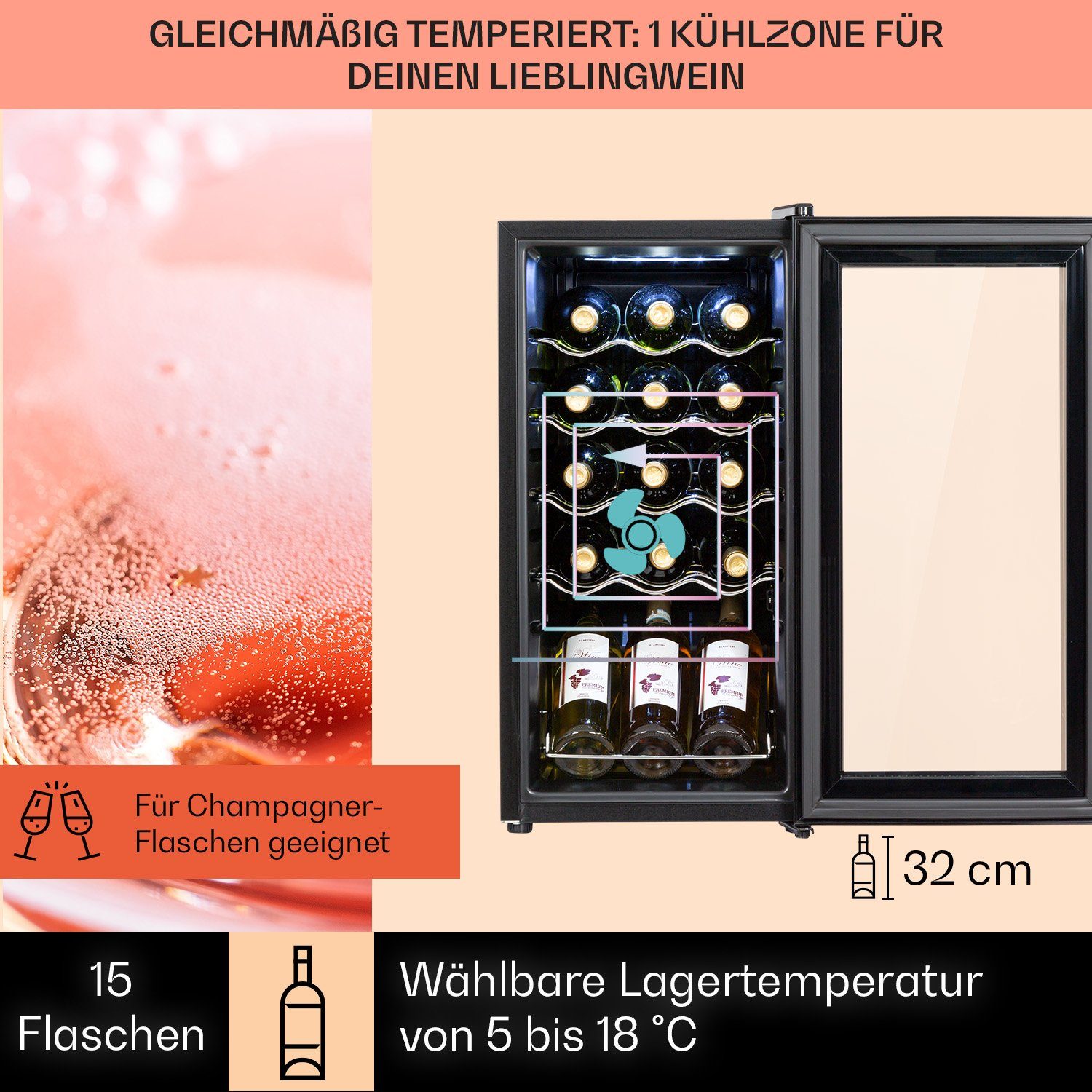 Klarstein Weinkühlschrank Shiraz 15 Slim Uno, für 15 Standardflaschen á 0,75l,Wein Flaschenkühlschrank Getränkekühlschrank Weintemperierschrank – Bild 4 von 5