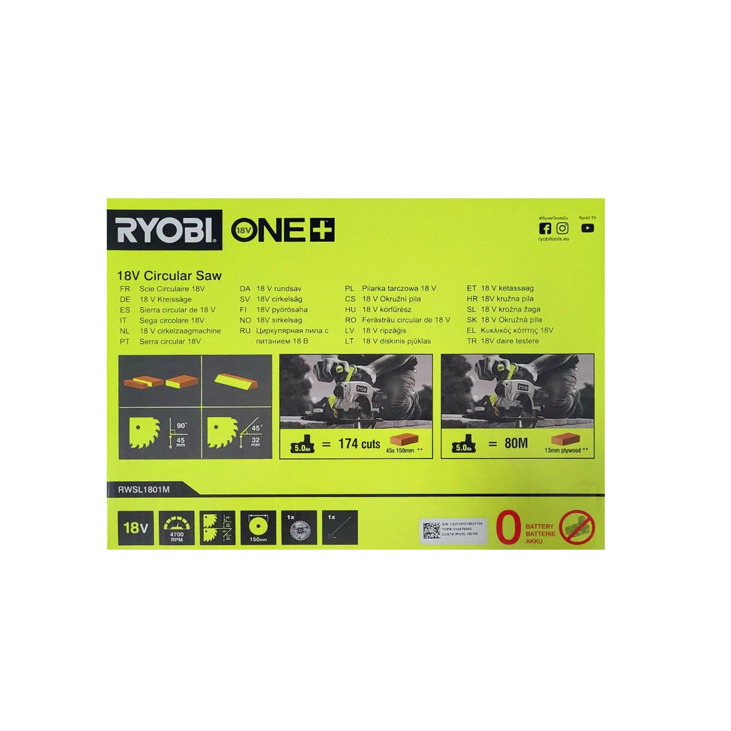 RYOBI Akku-Handkreissäge Ryobi RWSL1801M 18 V ONE+ Akku-Kreissäge, Laser, 150 mm (ohne Akku), 1-St.