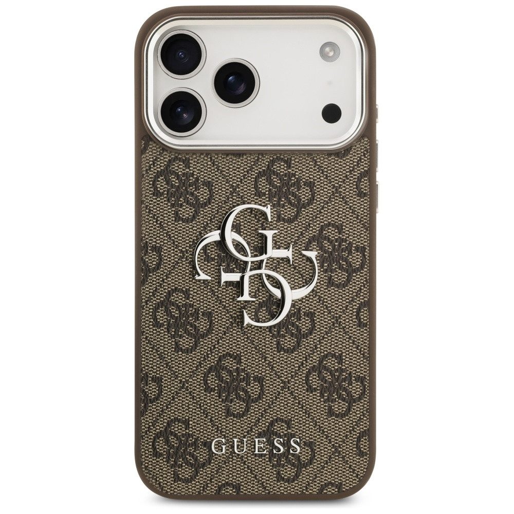 Guess Handyhülle iPhone 17 Pro Max Kunstleder braun Big Logo Metall silber 6,9 Zoll, Kantenschutz
