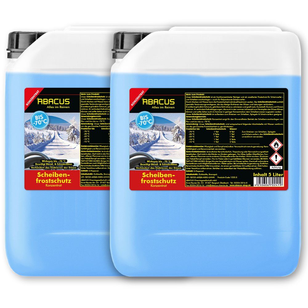 ABACUS Scheibenfrostschutz bis -70 °C Scheibenfrostschutz Konzentrat Frostschutzmittel, 10 l, Sicher für alle Materialien, Lacke & Dichtungen, 2 St., Wirkt bis -70 °C, Reinigt ohne zu schmieren