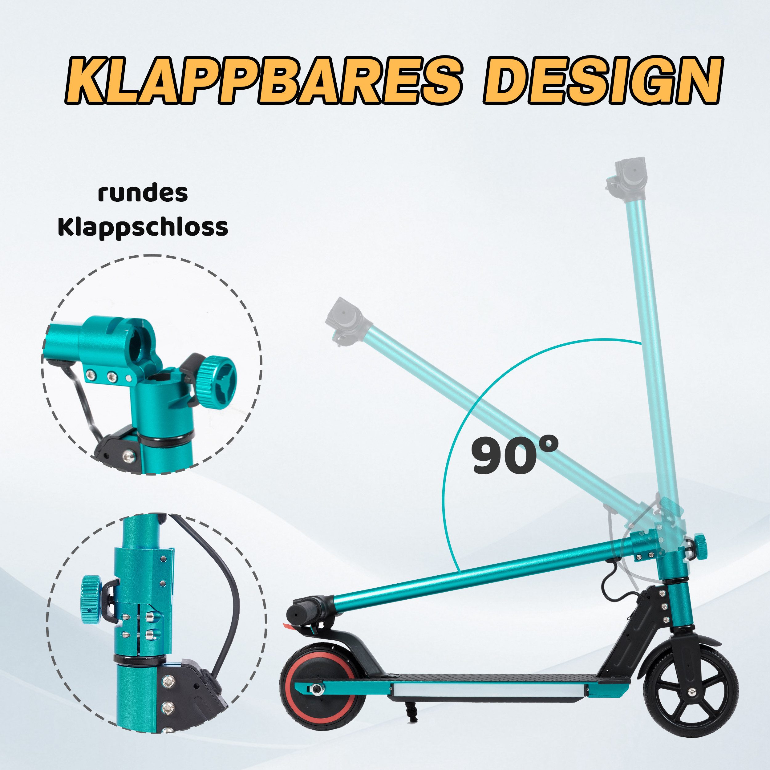 Vankel E-Scooter Kinder ab 6 Jahre, klappbar, 10km, Bunte Leuchten, Jungen und Mädchen, 150 W, 14 km/h, (für Jungen und Mädchen, max. 50kg, faltbar, Aluminiumrahmen), Elektro-Kinderroller, Lenksäulenlicht, mit Haken, EBS + Fußbremse