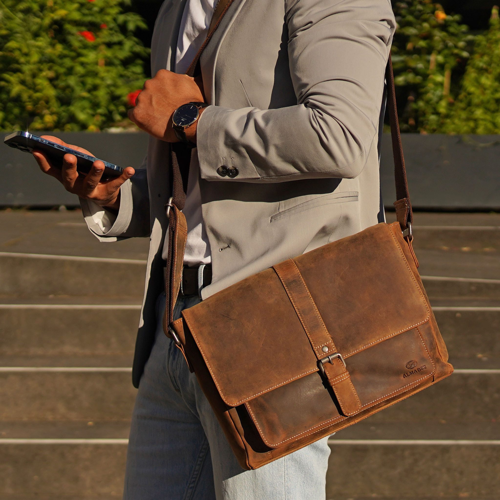 ALMADIH Umhängetasche Ledertasche mit Laptop Fach 15 Zoll Aktentasche Messenger Unitasche