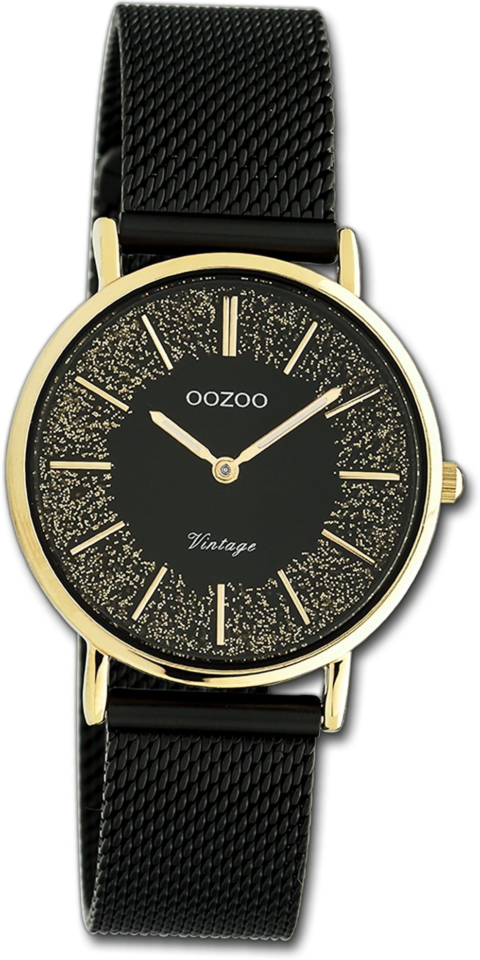 OOZOO Quarzuhr Oozoo Damen Armbanduhr Vintage Series, Damenuhr Metall, Mesharmband schwarz, rundes Gehäuse, mittel (ca 32mm)