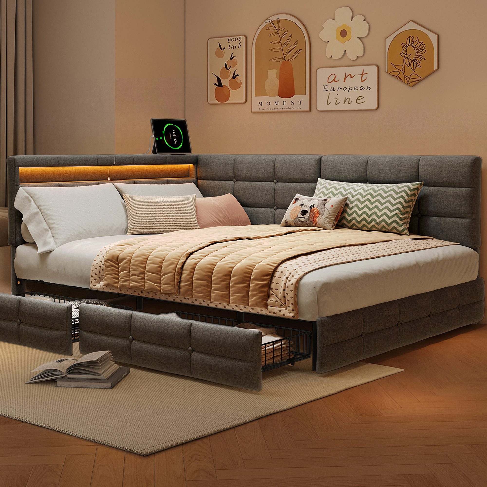 zebery Schlafsofa Polsterbett Daybett Tagesbett mit LED-Leuchten und USB+Typ C, Set 1 Teile, 140x190 cm,2 Schubladen,Multifunktionsbett,Gepolstert,Leinen,Grau