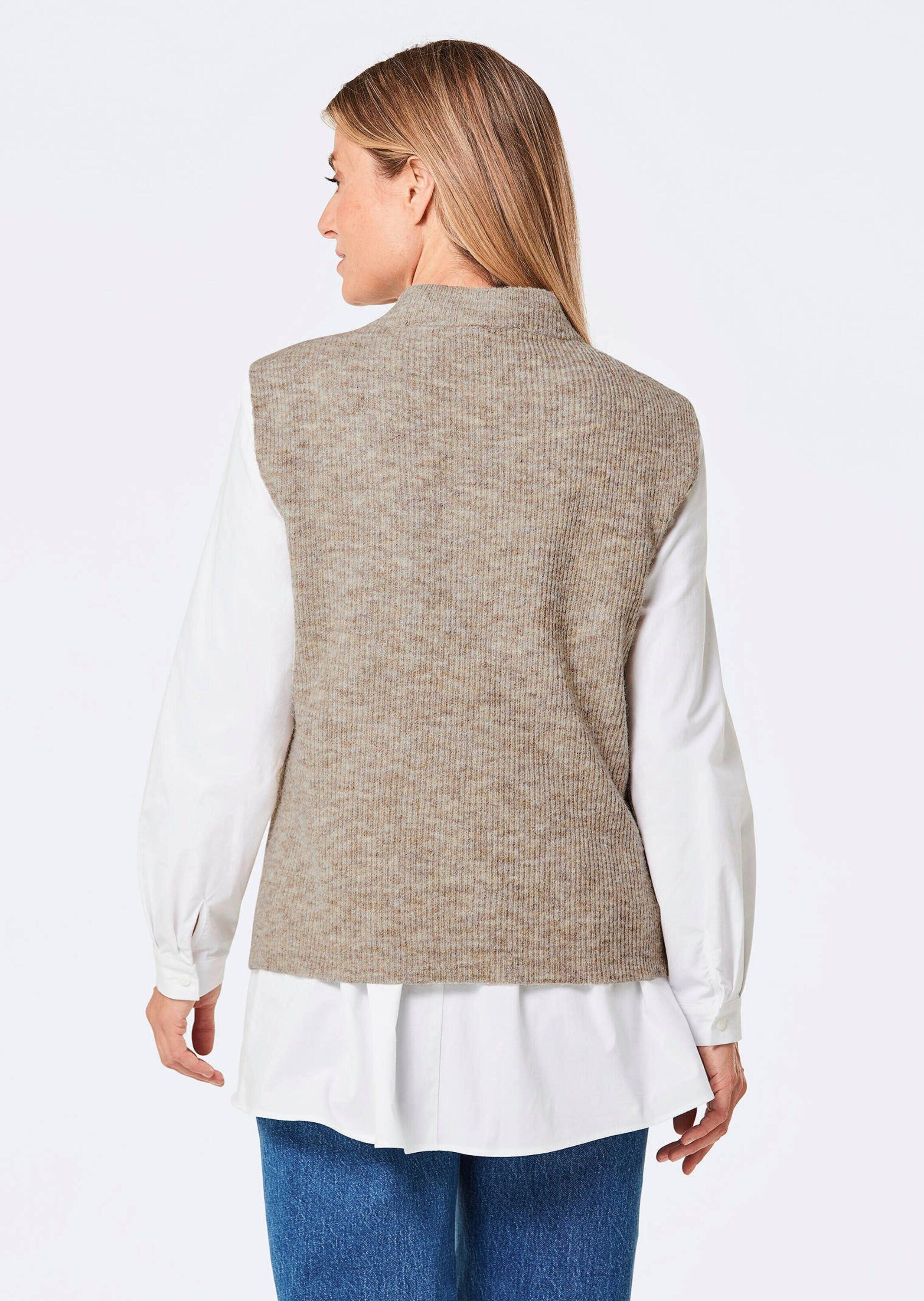 GOLDNER Strickpullover Edler Rippstrick Pullunder, Stehkragen Modischer Kurzarmpullover in hüftumspielenden Länge, hoher Kragen