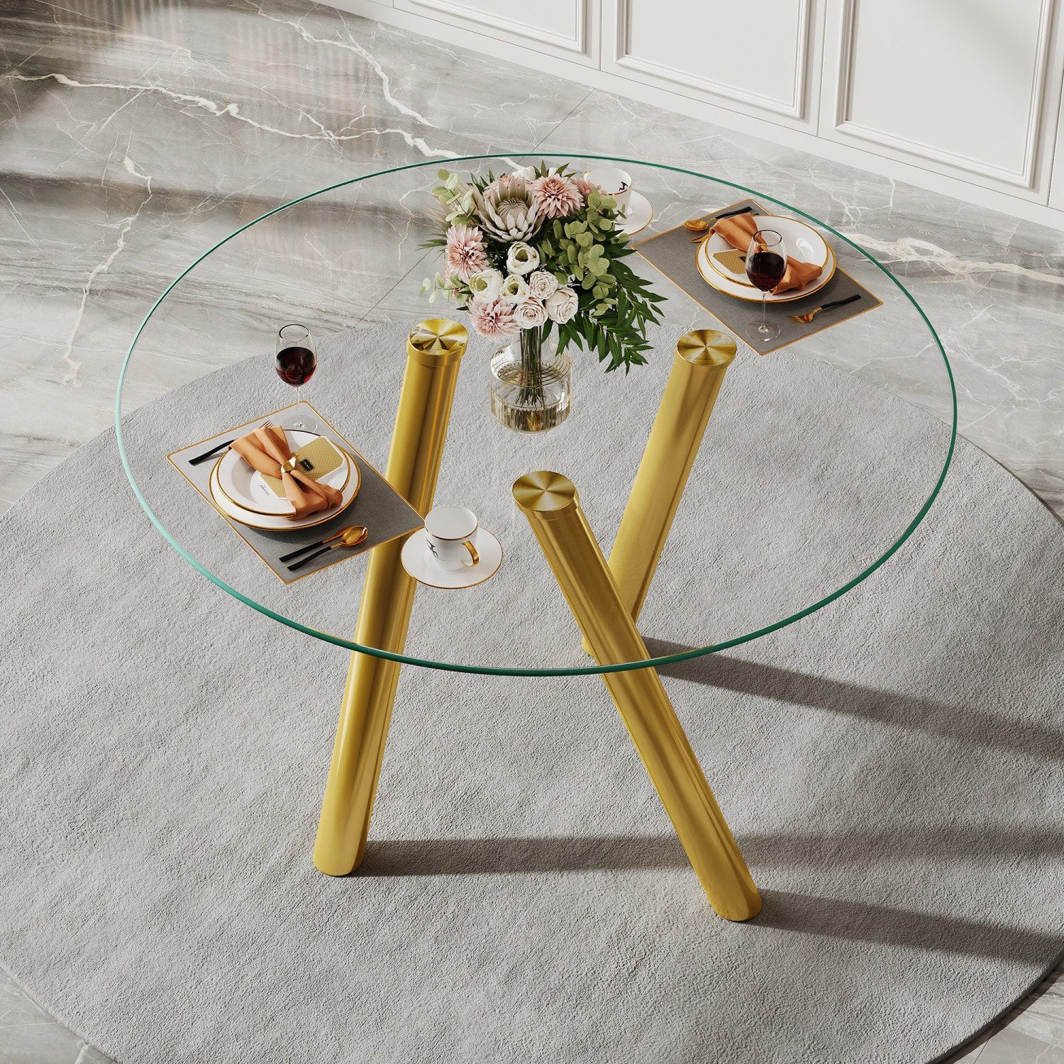 ANYSUN Esstisch Runder Esstisch 89x89x76 cm, mit gehärteter Glasplatte (moderner Glastisch Esstisch Küchentisch galvanisierte Metallbeine), Stabiler Küchentisch für 2–4 Personen, Kaffee und Freizeittisch