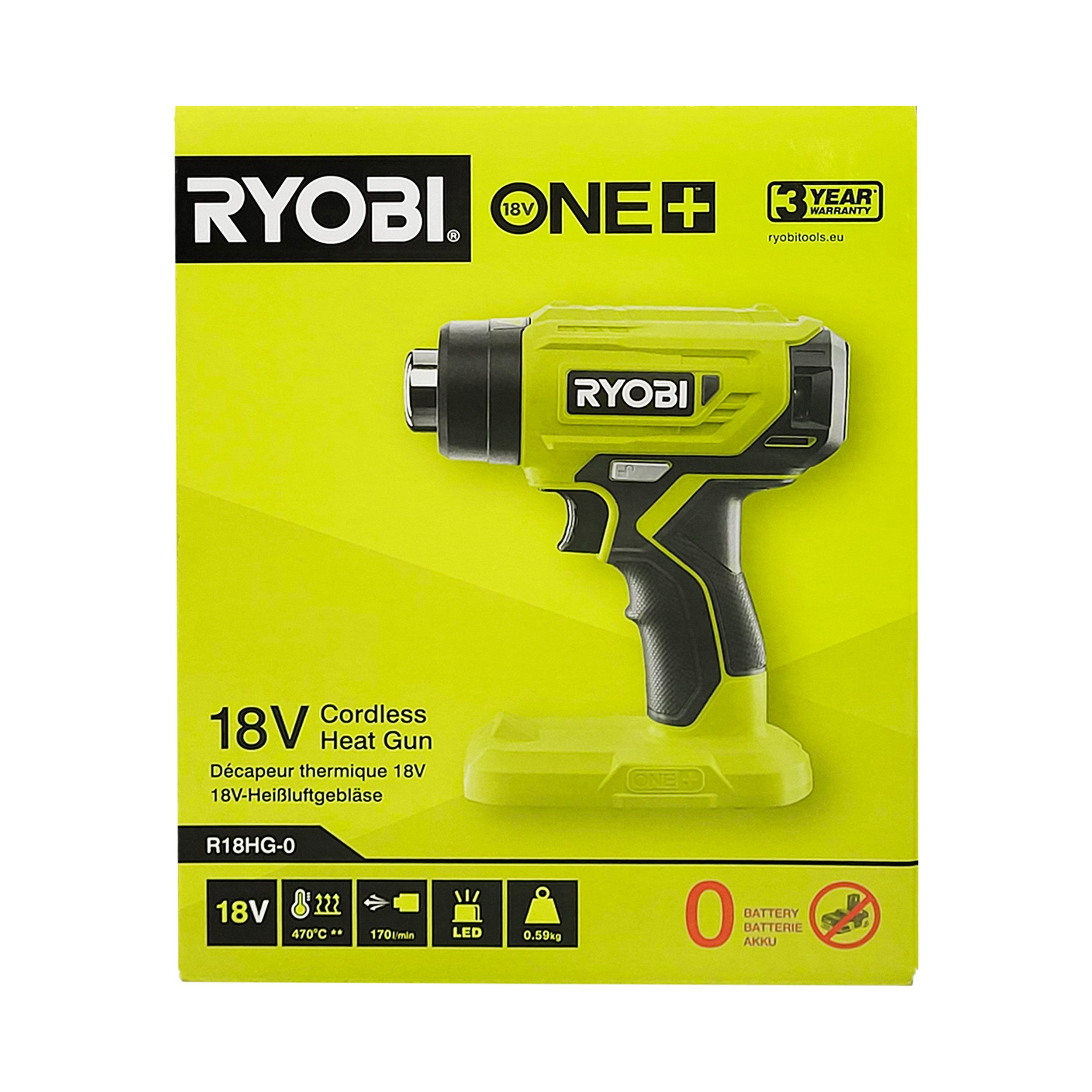RYOBI Akku-Heißluftgebläse Ryobi R18HG-0 Akku-Heißluftgebläse 18 V ONE+ (ohne Akku und Ladegerät), (1-tlg)