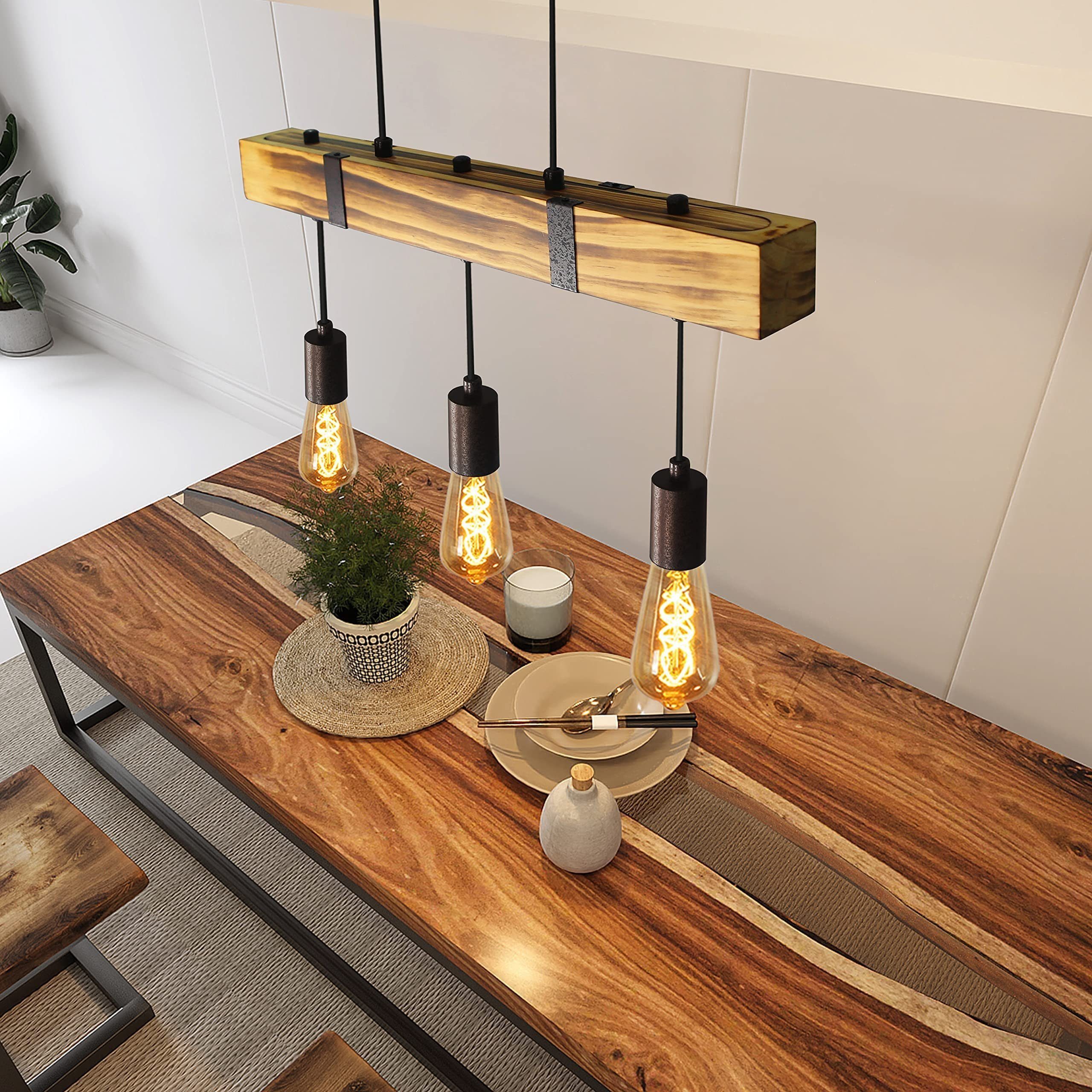 Holz Pendelleuchte Industrial ohne Leuchtmittel E27 Höhenverstellbar Küche ZMH Wohnzimmer, Retro Esszimmer
