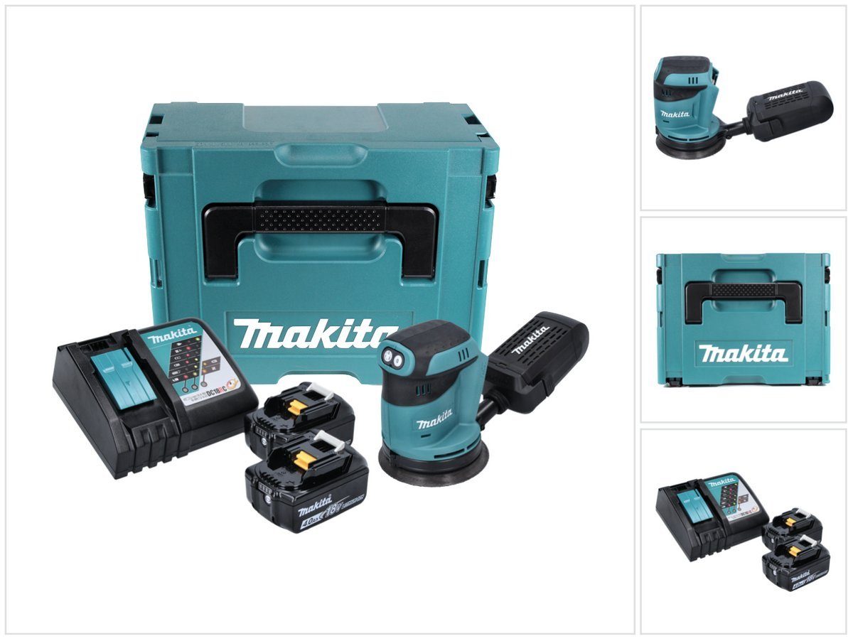 Makita Akku-Exzenterschleifer DBO 180 RMJ Akku Exzenterschleifer 18 V 125 mm + 2x Akku 4,0 Ah + Lad