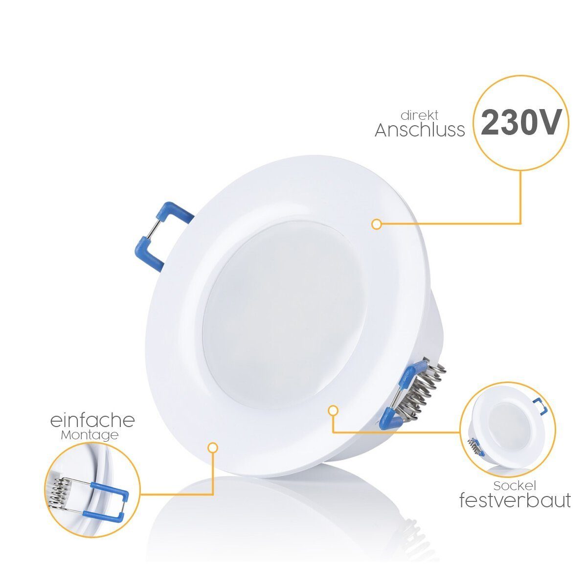 - LED spot LED integriert, 3000K badezimmer Einbaustrahler Sweet warmweiß, LED 5 geeignet, fest 3000K Feuchtraum IP44 6,5W Bad Deckenspots, Deckenstrahler,Einbauleuchten stück,