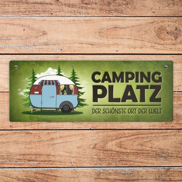 speecheese Metallschild Campingplatz Metallschild in grün mit Wohnwagen Motiv Wohnmobil Hobby