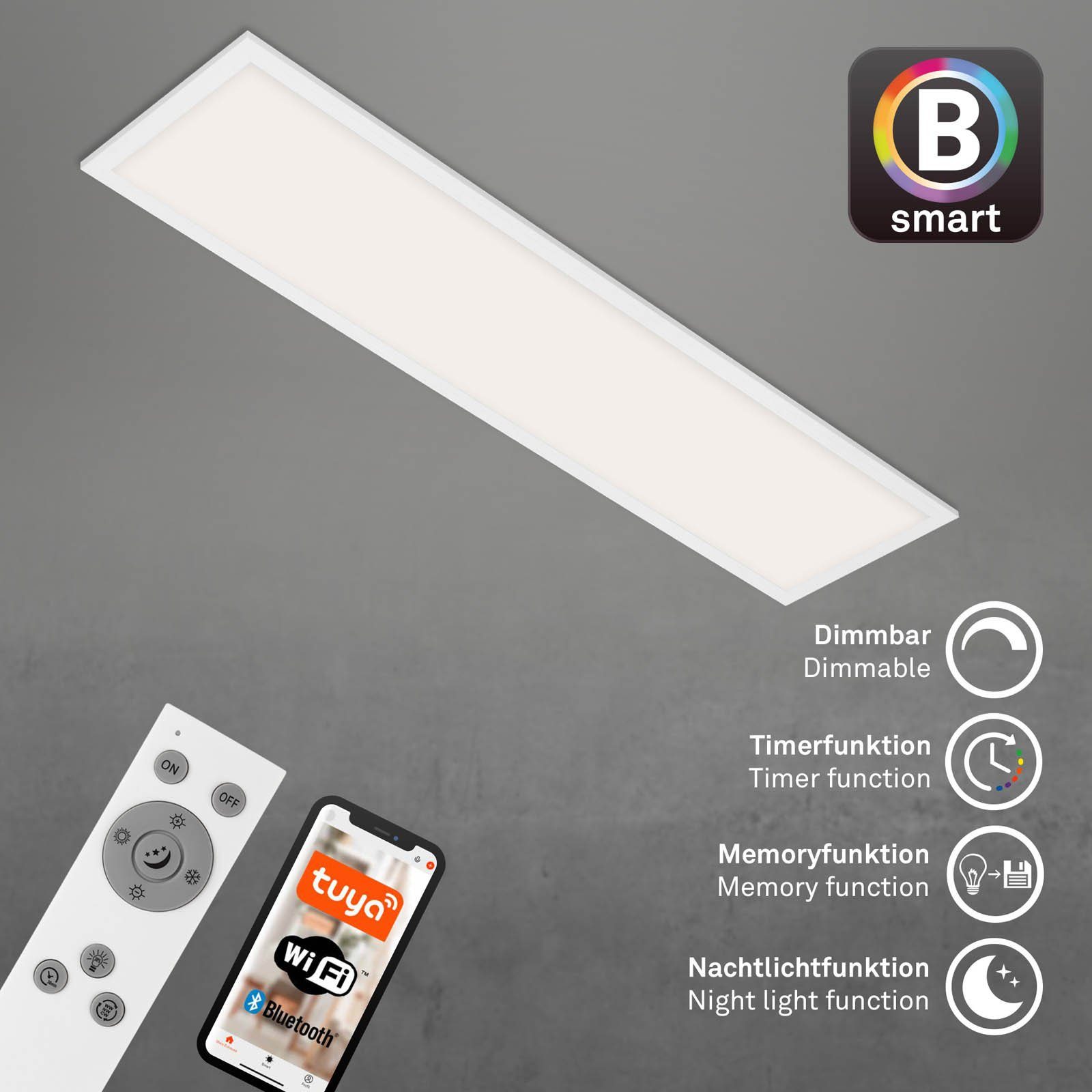 Briloner Leuchten LED Fernbedienung, Neutralweiß, 28W, dimmbar, Smarte Speicherfunktion, Wifi, Deckenlampe, Warmweiß, 7385-016, Appsteuerung, verbaut, Tageslichtweiß, Kaltweiß, Panel LED Sprachsteuerung, Schlafzimmer ultraflach, fest Wohnzimmer, Weiß, 100x25x6,6cm