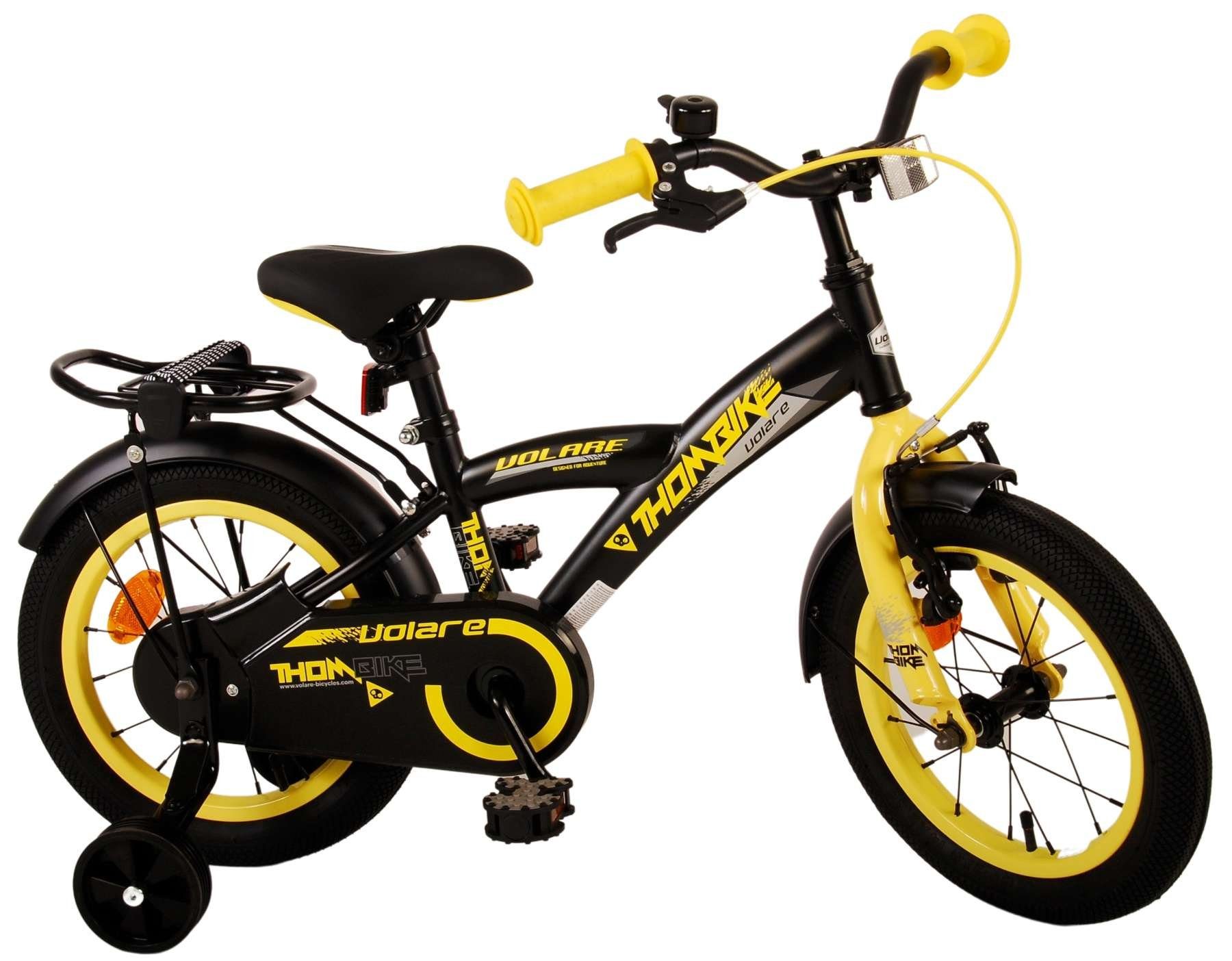 Volare Kinderfahrrad Thombike - Jungen - 14 oder 12 Zoll -bis 60 kg - 85% zusammengebaut, Luftbereifung, Stahlfelgen mit verstellbaren Speichen, 3 - 5 Jahre schwarz-gelb