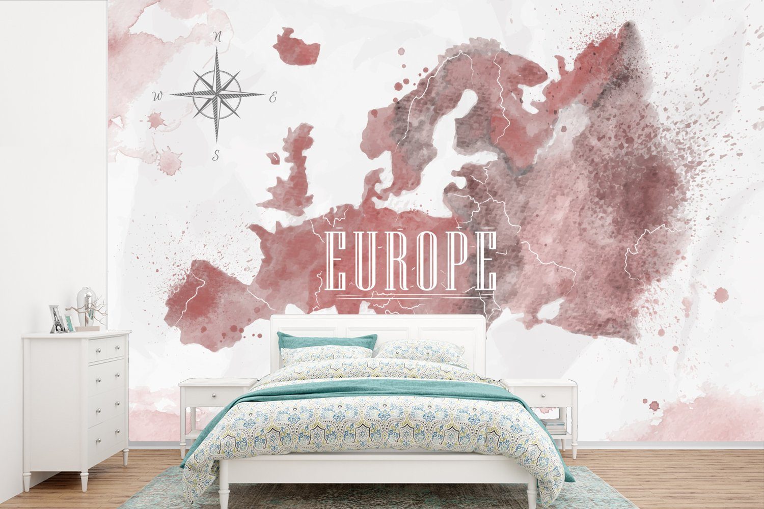 MuchoWow Fototapete Karte - Europa - Aquarell - Kompass, Matt, bedruckt, (6 St), Wallpaper für Wohnzimmer, Schlafzimmer, Kinderzimmer, Vinyl Tapete